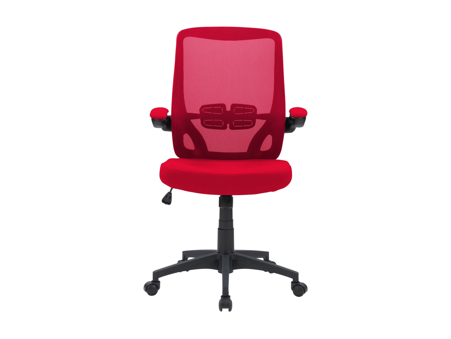 Red mesh office chair with ergonomic design, adjustable armrests, and lumbar support. Features breathable mesh back, cushioned seat, and swivel base with caster wheels, ideal for home or office use.
