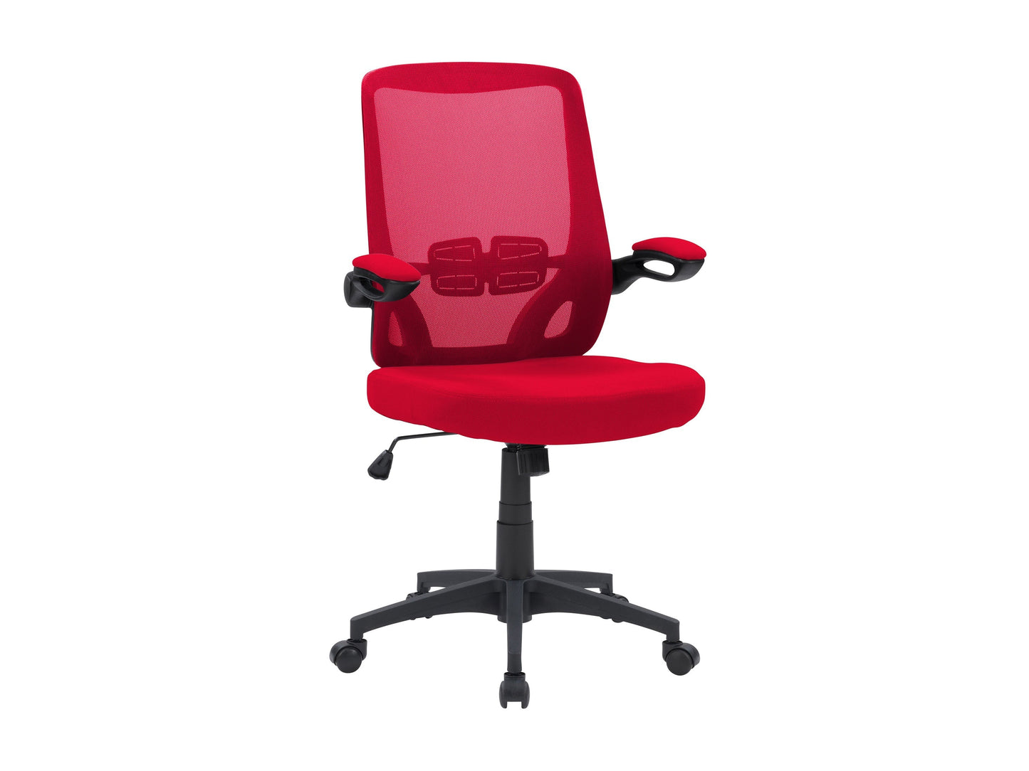 Red mesh office chair with ergonomic design, adjustable armrests, and lumbar support. Features breathable mesh back, cushioned seat, and swivel base with caster wheels, ideal for home or office use.