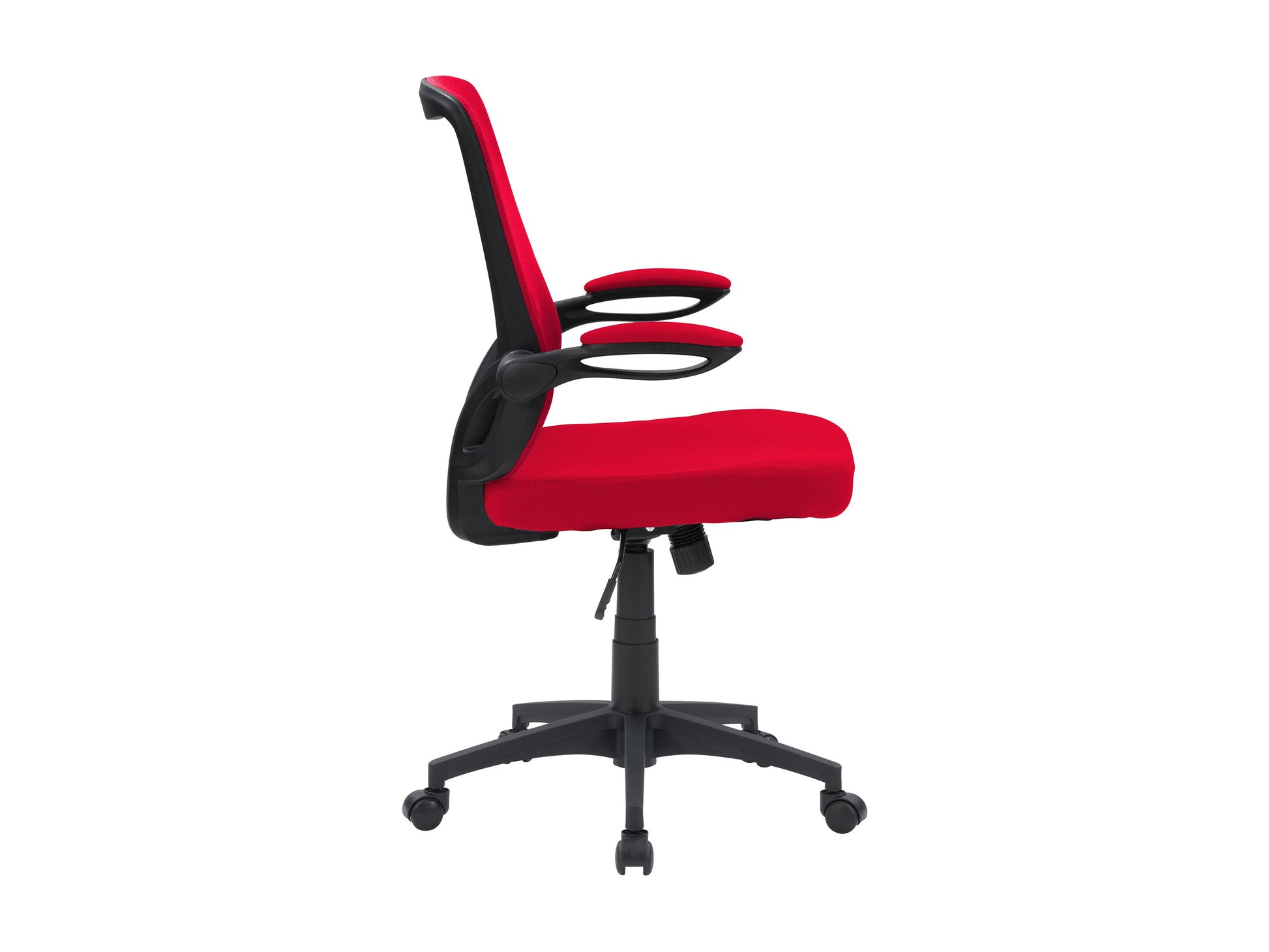Red mesh office chair with ergonomic design, adjustable armrests, and lumbar support. Features breathable mesh back, cushioned seat, and swivel base with caster wheels, ideal for home or office use.