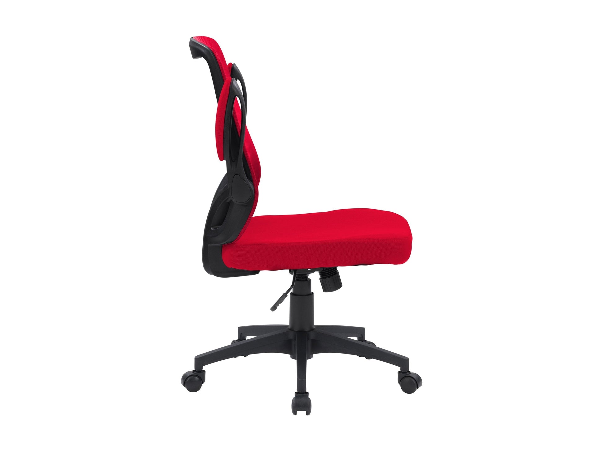 Red mesh office chair with ergonomic design, adjustable armrests, and lumbar support. Features breathable mesh back, cushioned seat, and swivel base with caster wheels, ideal for home or office use.
