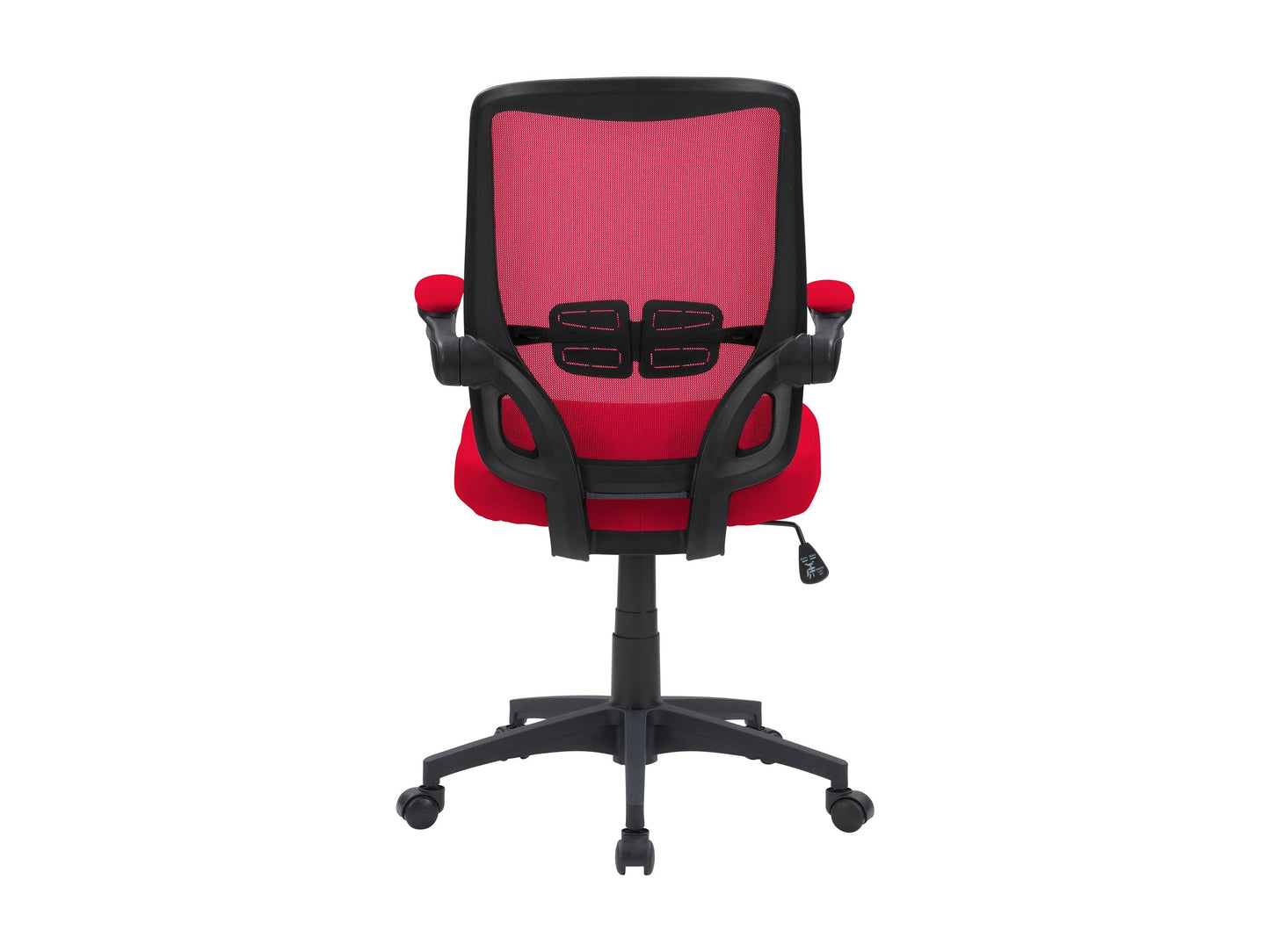 Red mesh office chair with ergonomic design, adjustable armrests, and lumbar support. Features breathable mesh back, cushioned seat, and swivel base with caster wheels, ideal for home or office use.