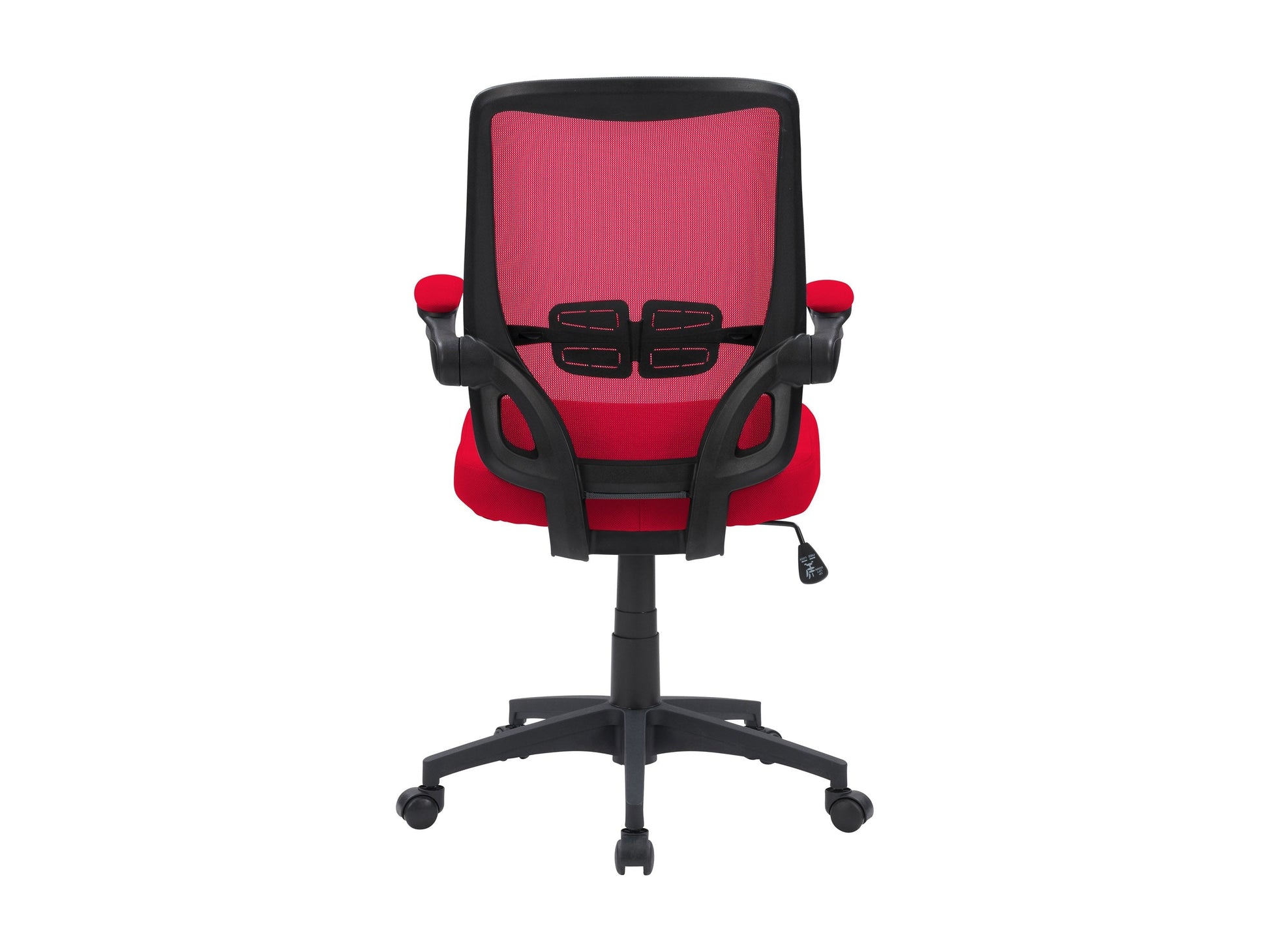 Red mesh office chair with ergonomic design, adjustable armrests, and lumbar support. Features breathable mesh back, cushioned seat, and swivel base with caster wheels, ideal for home or office use.