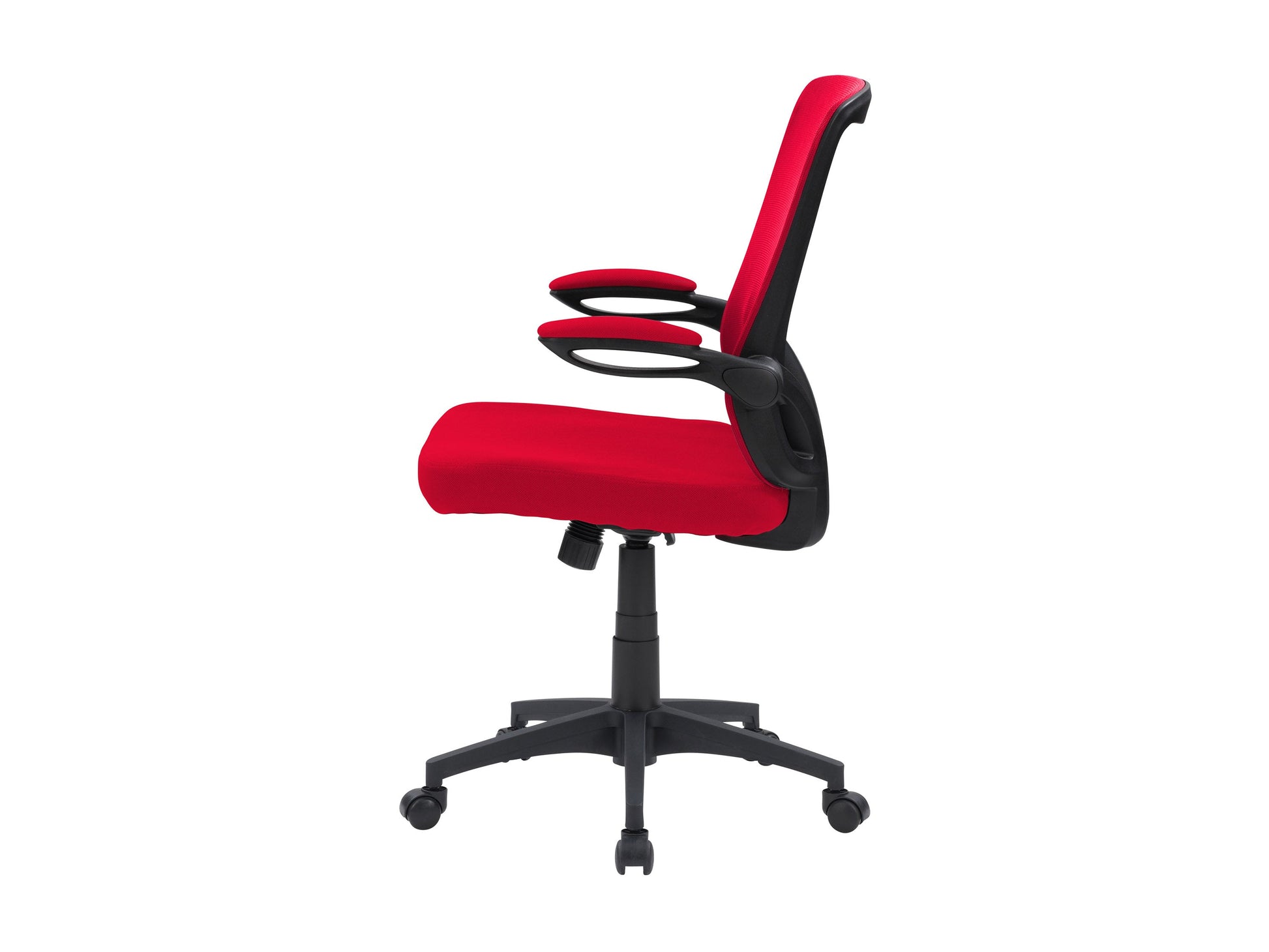 Red mesh office chair with ergonomic design, adjustable armrests, and lumbar support. Features breathable mesh back, cushioned seat, and swivel base with caster wheels, ideal for home or office use.