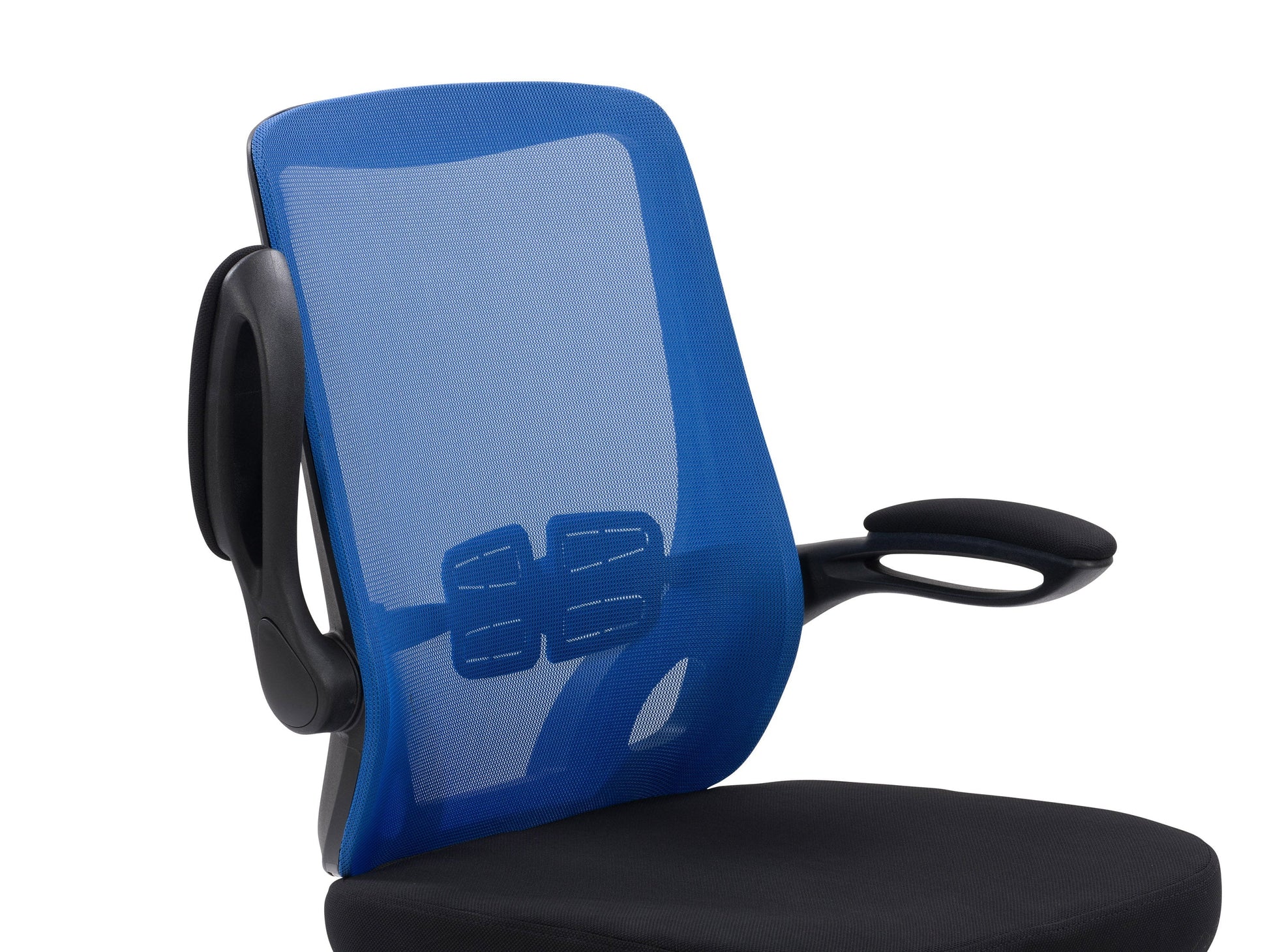 Blue mesh office chair with ergonomic design, adjustable armrests, lumbar support, and a swivel base. Ideal for home or office use, providing comfort and breathability with a modern aesthetic.