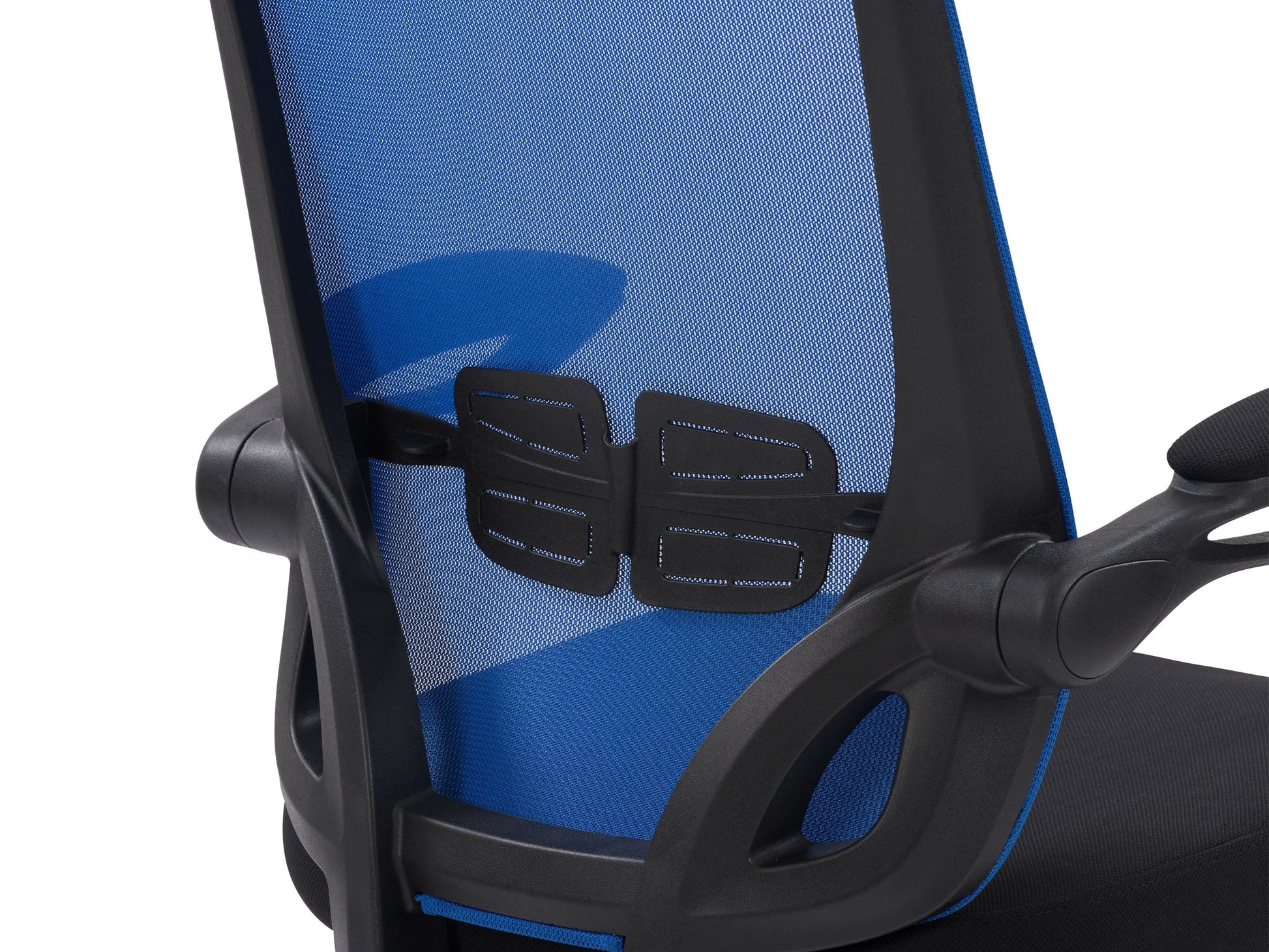 Blue mesh office chair with ergonomic design, adjustable armrests, lumbar support, and a swivel base. Ideal for home or office use, providing comfort and breathability with a modern aesthetic.