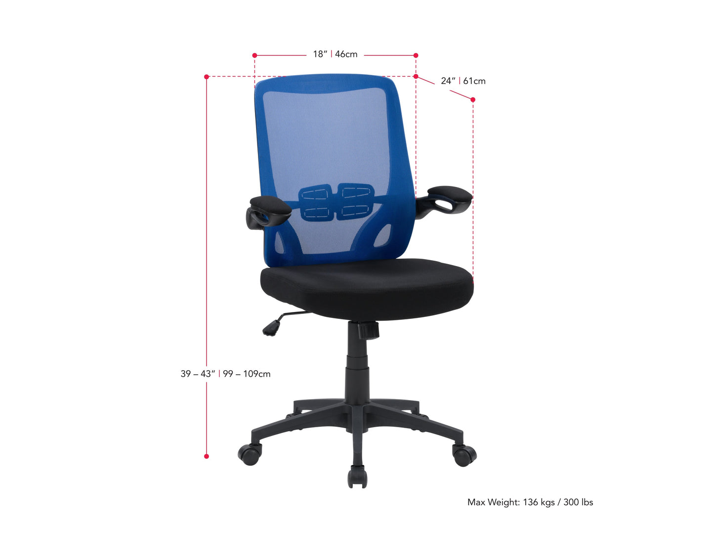 Blue mesh office chair with ergonomic design, adjustable armrests, lumbar support, and a swivel base. Ideal for home or office use, providing comfort and breathability with a modern aesthetic.