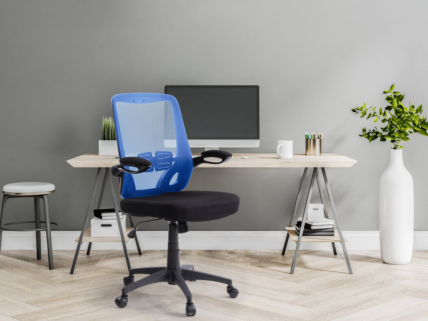 Blue mesh office chair with ergonomic design, adjustable armrests, lumbar support, and a swivel base. Ideal for home or office use, providing comfort and breathability with a modern aesthetic.