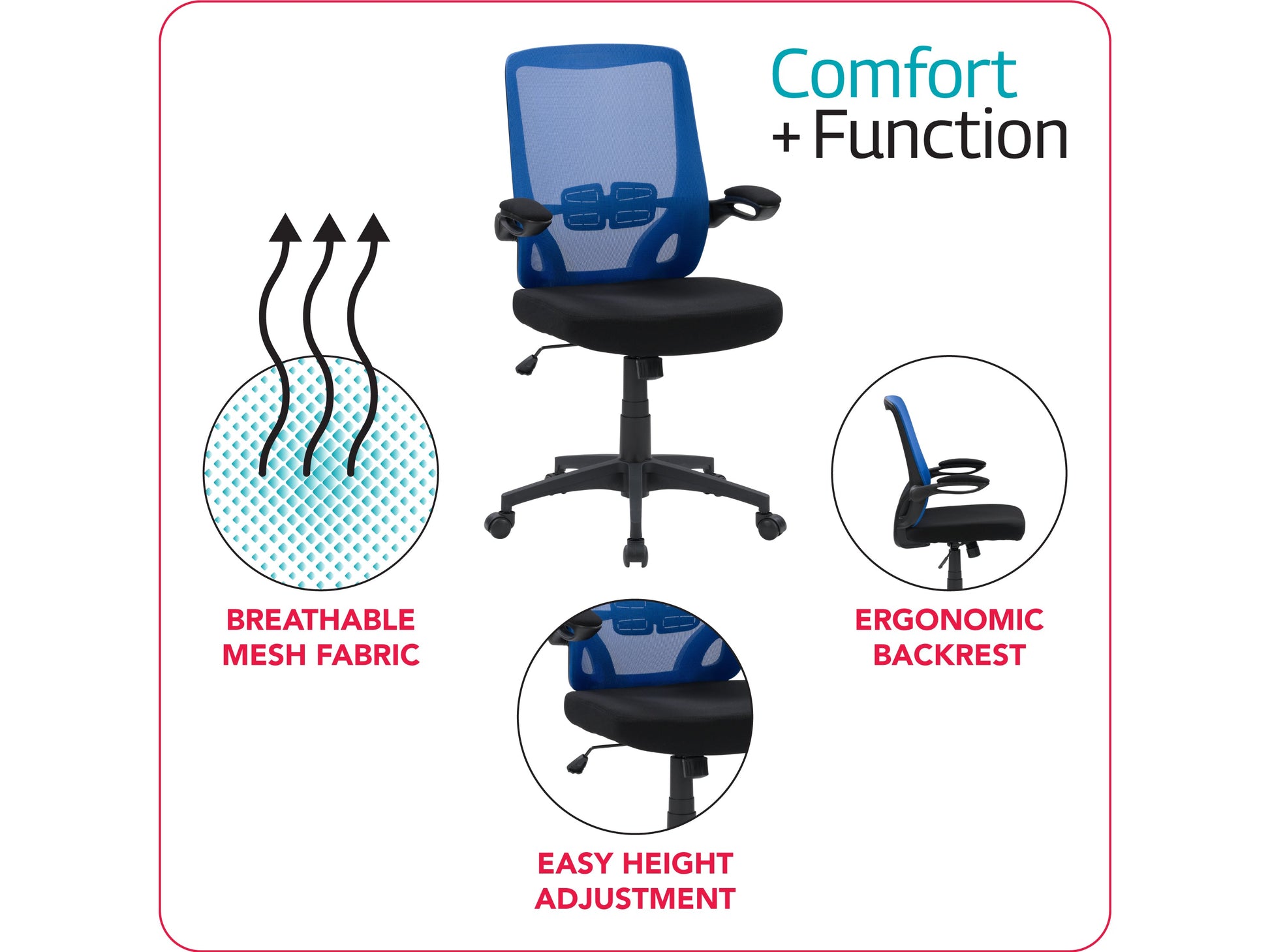 Blue mesh office chair with ergonomic design, adjustable armrests, lumbar support, and a swivel base. Ideal for home or office use, providing comfort and breathability with a modern aesthetic.