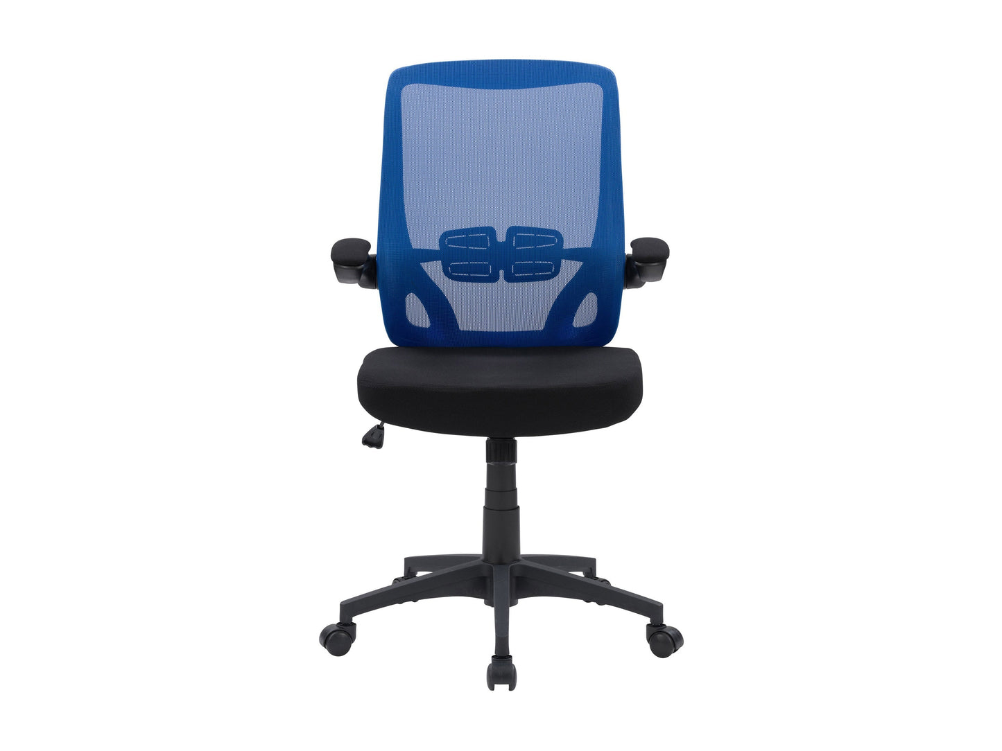 Blue mesh office chair with ergonomic design, adjustable armrests, lumbar support, and a swivel base. Ideal for home or office use, providing comfort and breathability with a modern aesthetic.