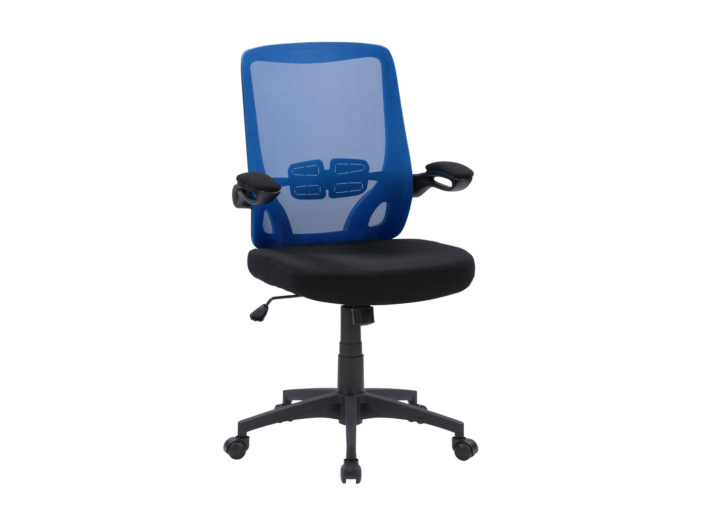 Blue mesh office chair with ergonomic design, adjustable armrests, lumbar support, and a swivel base. Ideal for home or office use, providing comfort and breathability with a modern aesthetic.