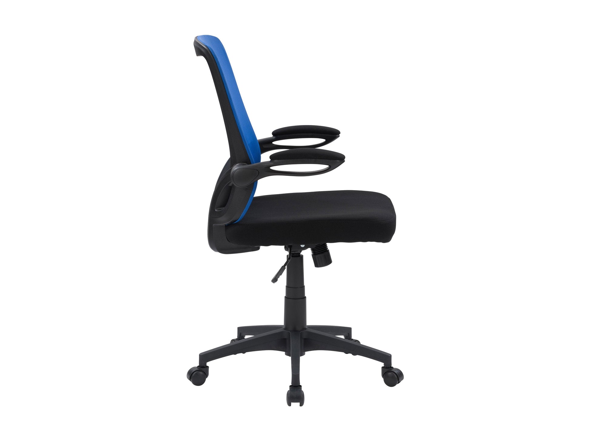 Blue mesh office chair with ergonomic design, adjustable armrests, lumbar support, and a swivel base. Ideal for home or office use, providing comfort and breathability with a modern aesthetic.