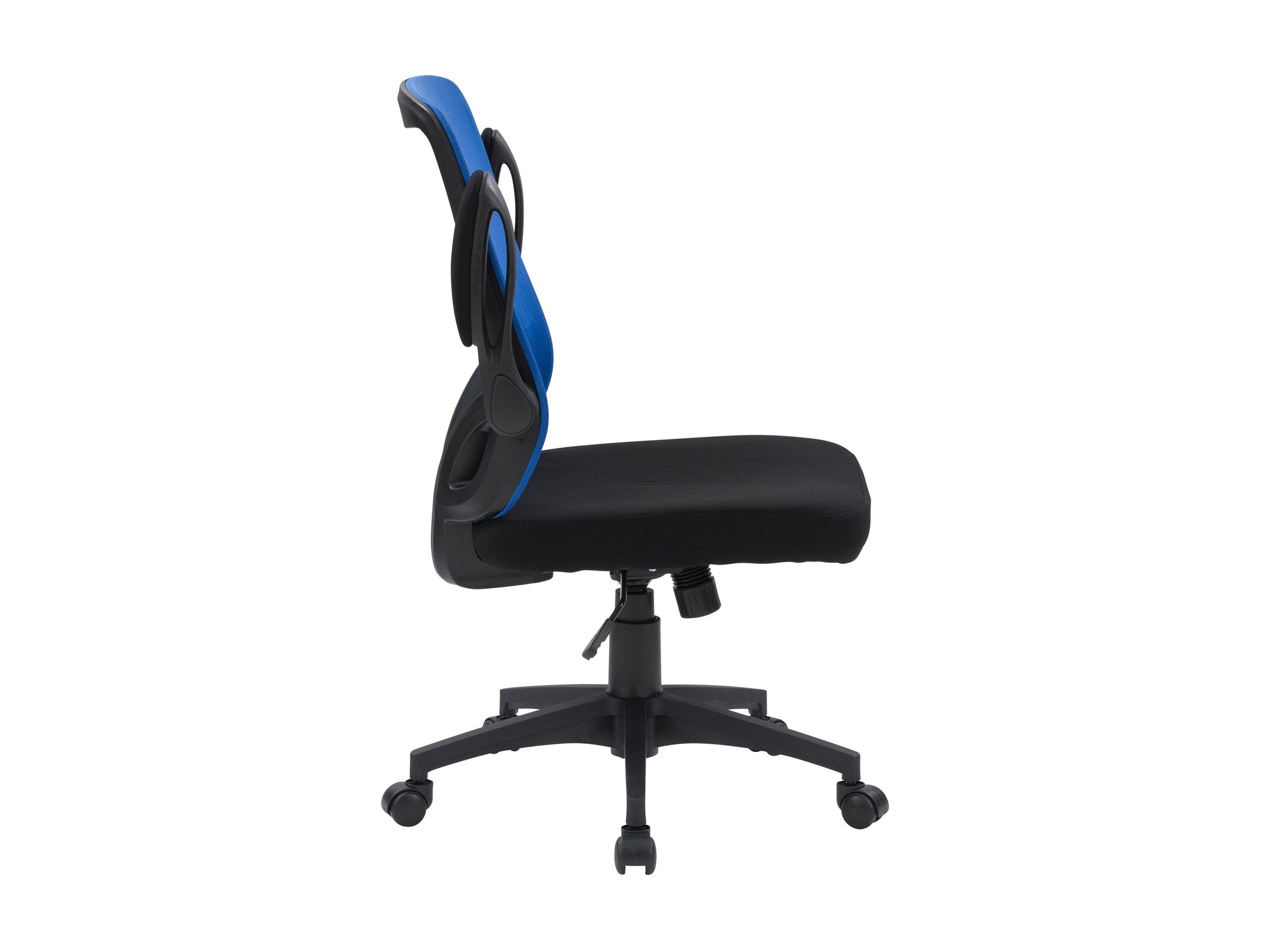 Blue mesh office chair with ergonomic design, adjustable armrests, lumbar support, and a swivel base. Ideal for home or office use, providing comfort and breathability with a modern aesthetic.
