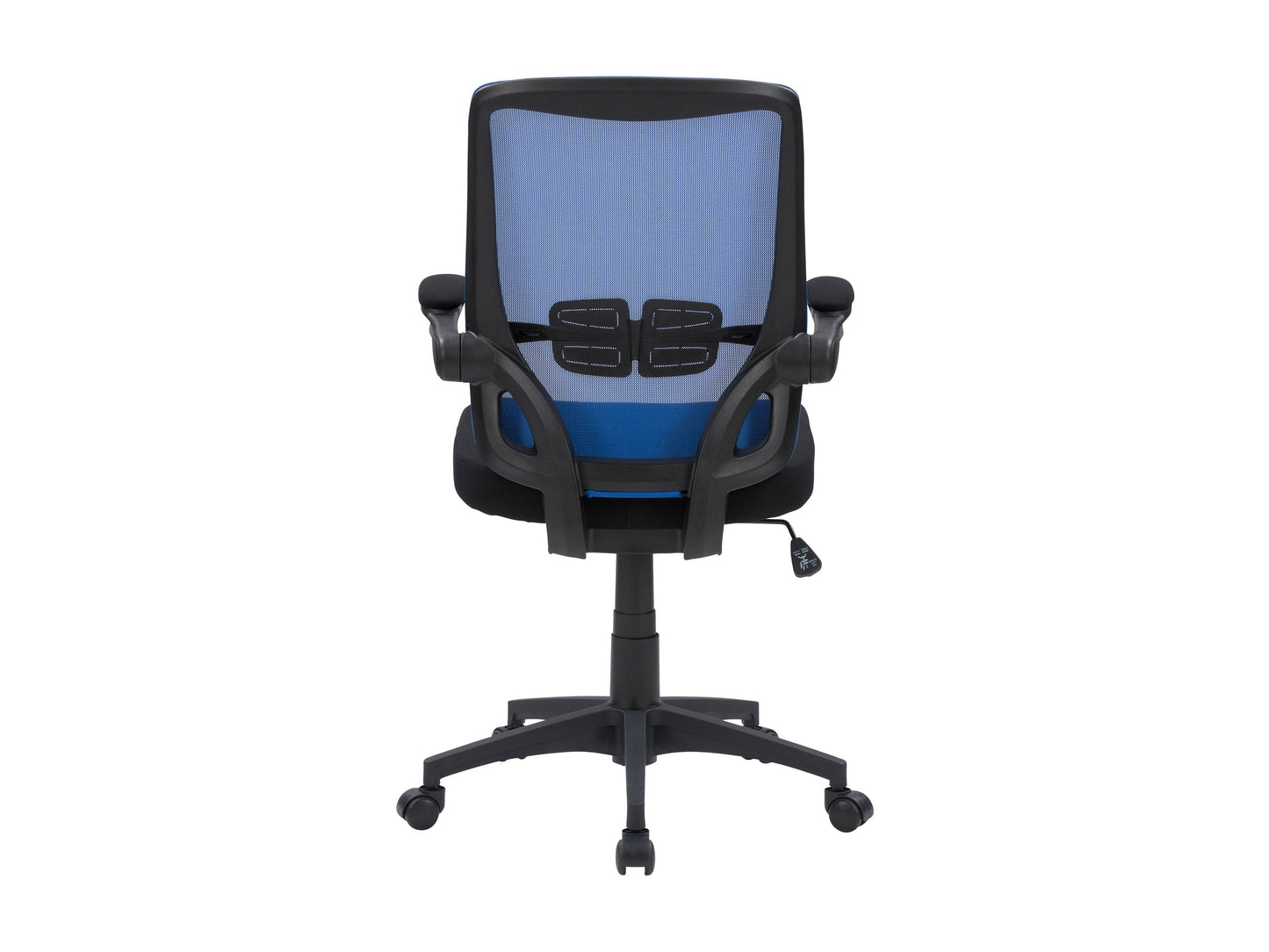 Blue mesh office chair with ergonomic design, adjustable armrests, lumbar support, and a swivel base. Ideal for home or office use, providing comfort and breathability with a modern aesthetic.