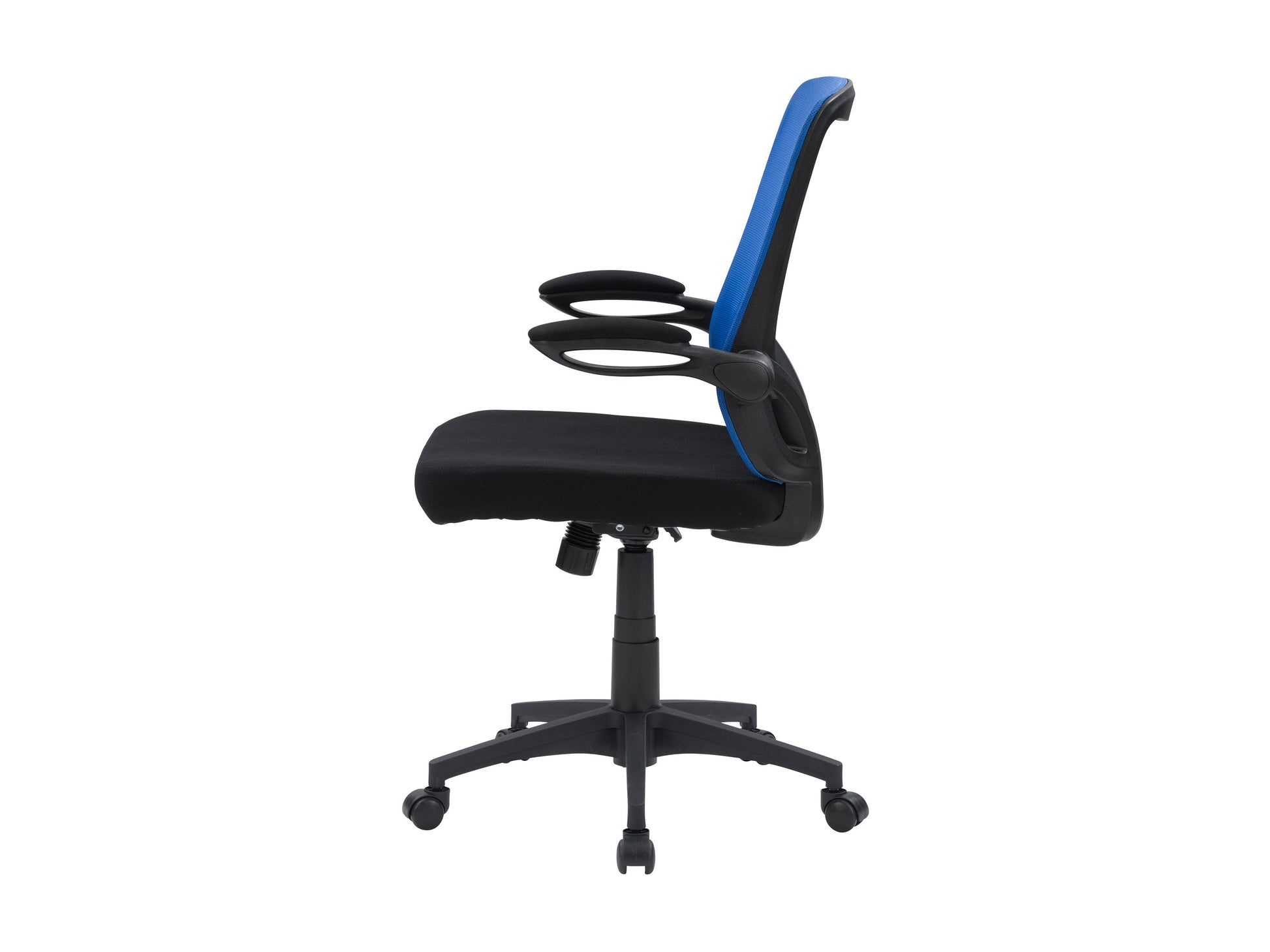 Blue mesh office chair with ergonomic design, adjustable armrests, lumbar support, and a swivel base. Ideal for home or office use, providing comfort and breathability with a modern aesthetic.