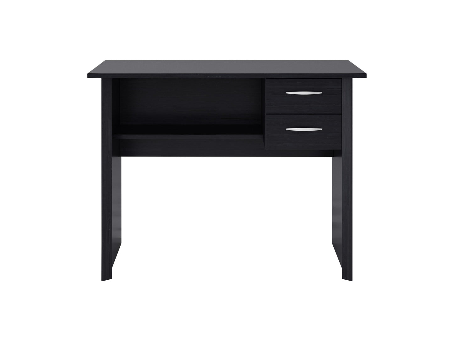 Black wooden desk with three drawers on the right side, sleek modern design, matte finish, and sturdy metal legs. Ideal for home office or workspace organization.