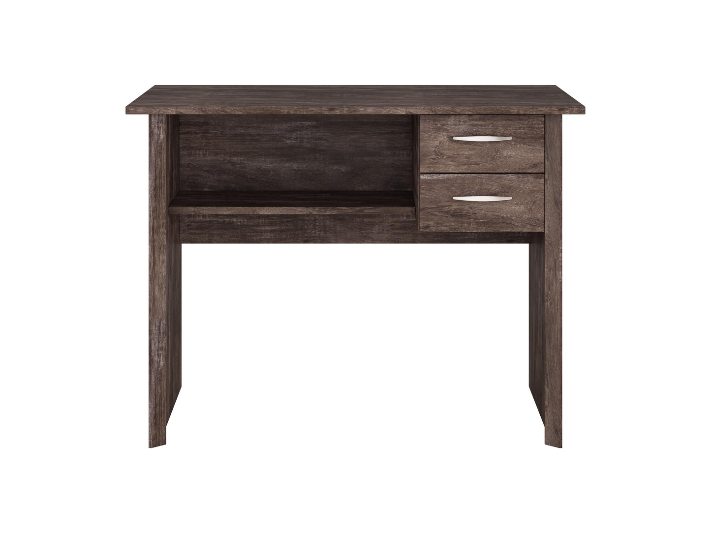Brown wooden desk with three drawers on the right side, sleek metal handles, smooth finish, and sturdy legs. Ideal for home office or study, combining functionality with a classic design.