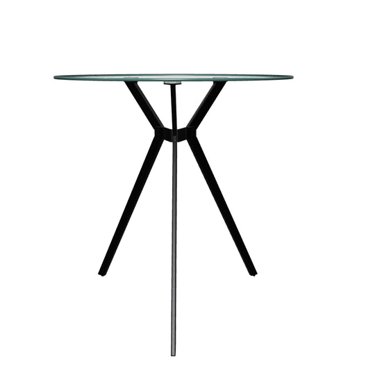 Modern glass bistro table with round clear glass top, sleek chrome pedestal base, and minimalist design, perfect for contemporary dining spaces or small kitchens.
