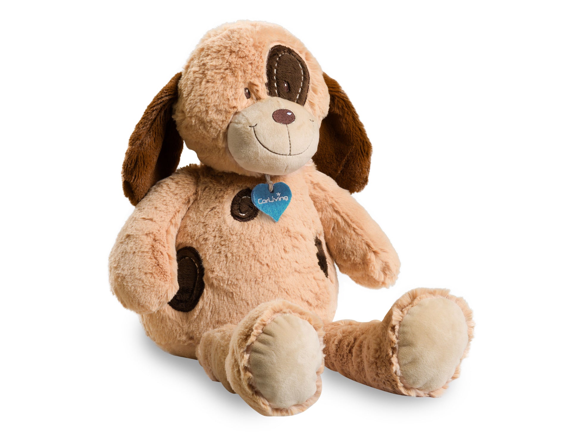 Plush dog toy with soft beige fur, floppy ears, and a friendly embroidered face, wearing a blue bandana. Perfect for children and collectors.