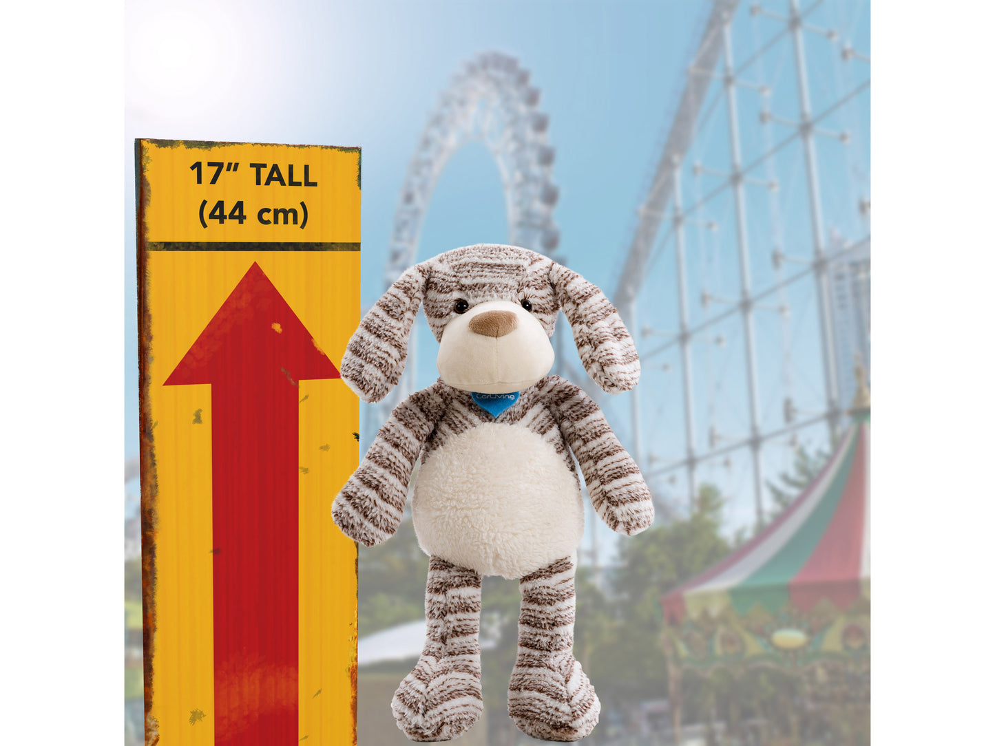 Plush dog toy with soft beige fur, floppy ears, and a blue collar, featuring embroidered eyes and nose. Ideal for children and collectors. Charity plush supporting animal welfare initiatives.