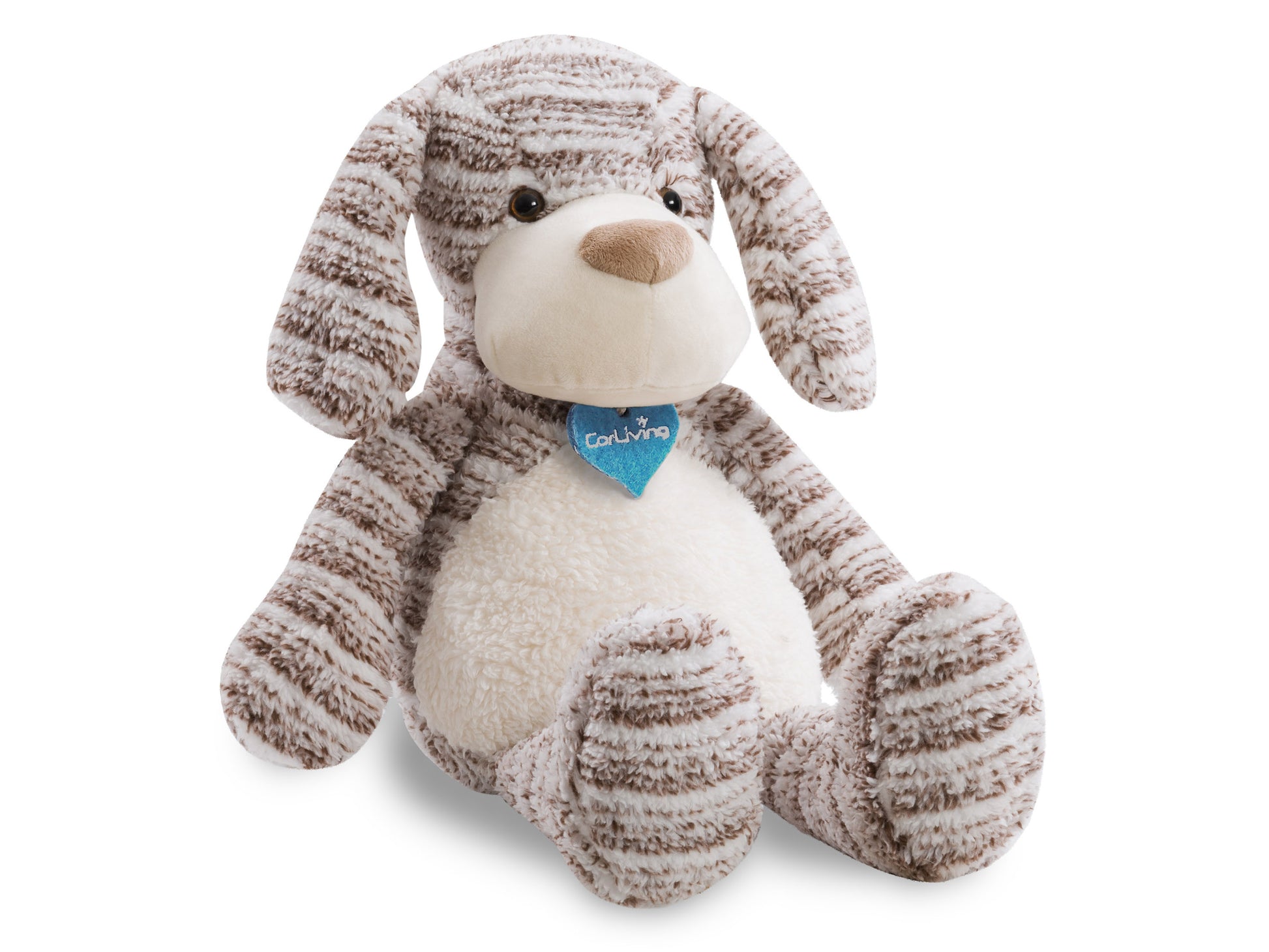 Plush dog toy with soft beige fur, floppy ears, and a blue collar, featuring embroidered eyes and nose. Ideal for children and collectors. Charity plush supporting animal welfare initiatives.