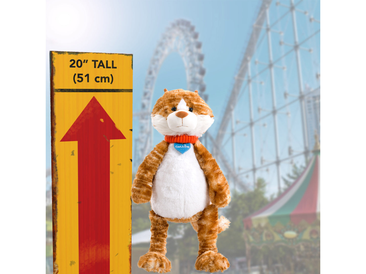 Soft, plush cat toy with grey fur, white paws, and a pink nose, featuring embroidered eyes, a smiling mouth, and a blue ribbon collar. Perfect for children and cat lovers, supports charity initiatives.