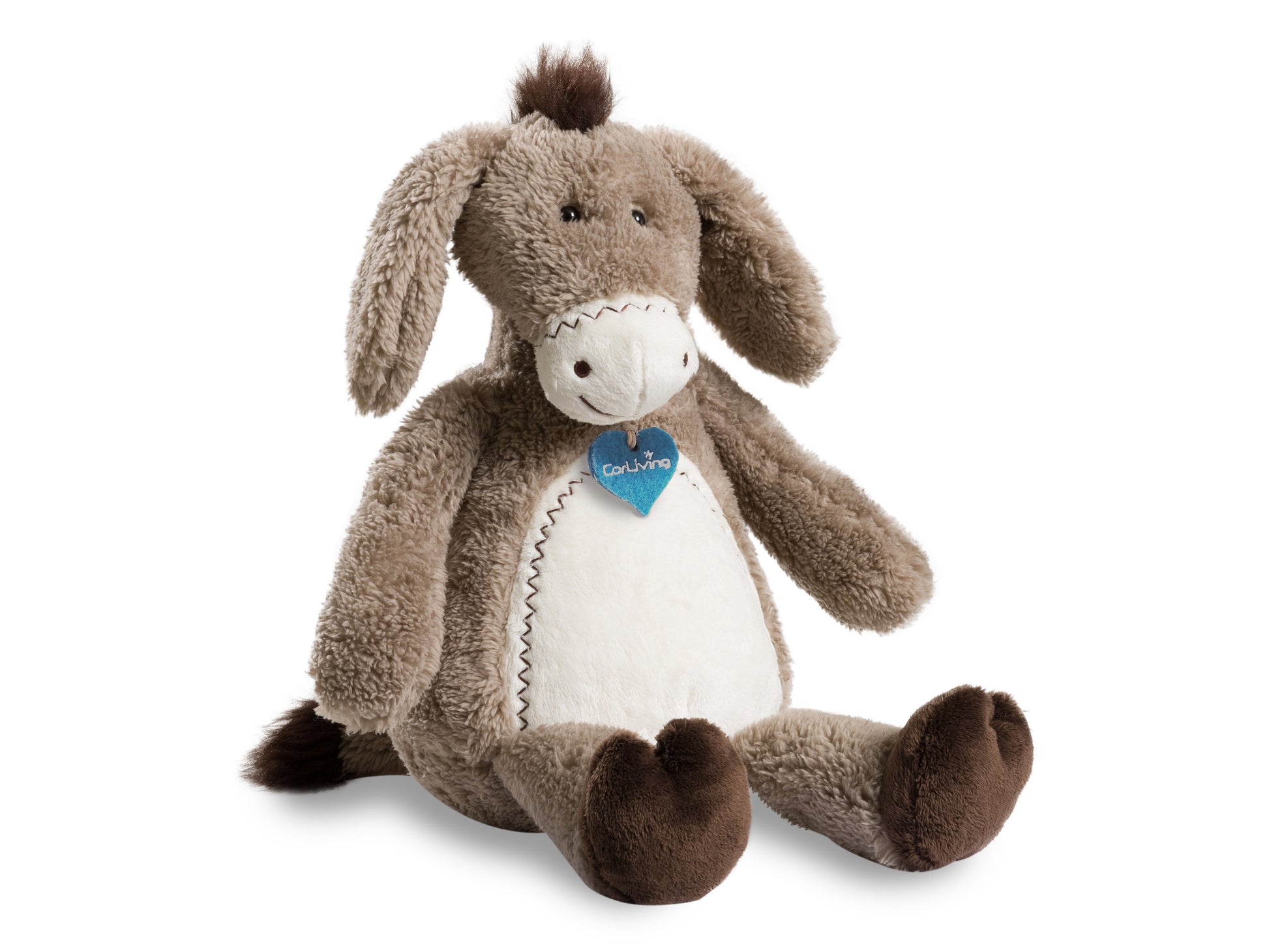 Gray plush donkey with soft, textured fur, large floppy ears, and a white muzzle. The donkey has embroidered eyes and a friendly expression, making it an ideal charity plush toy for children.