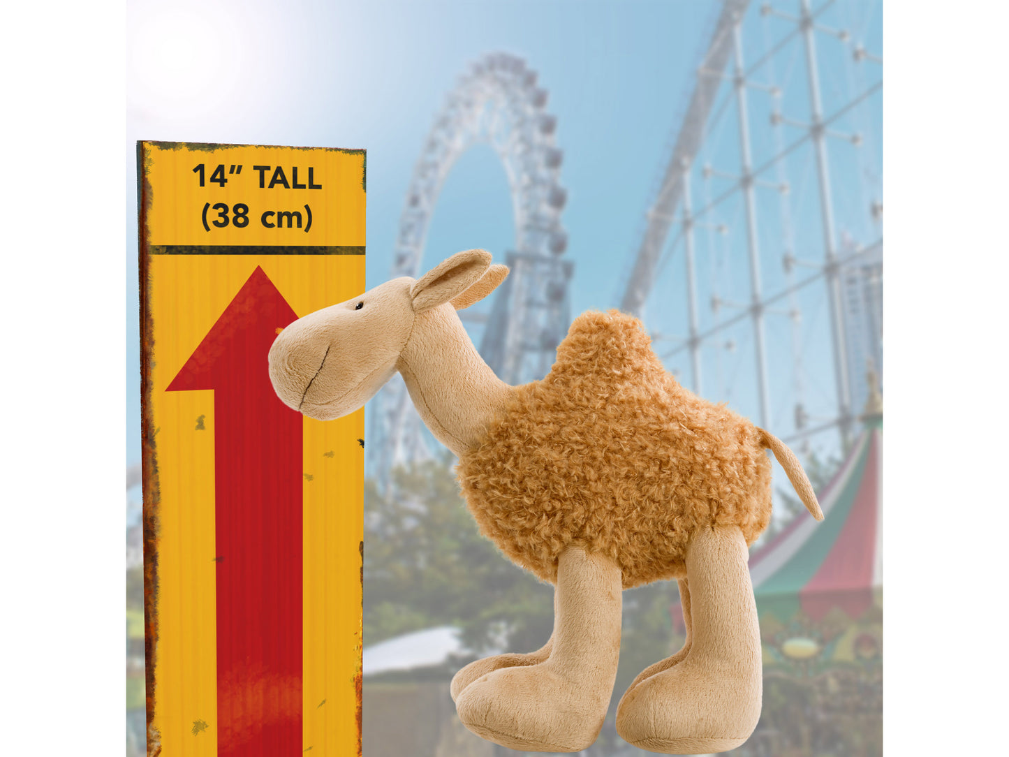 Plush camel toy with soft beige fur, embroidered eyes, and a friendly smile, sitting upright. Naomi the Plush Camel is perfect for children and supports charity initiatives.