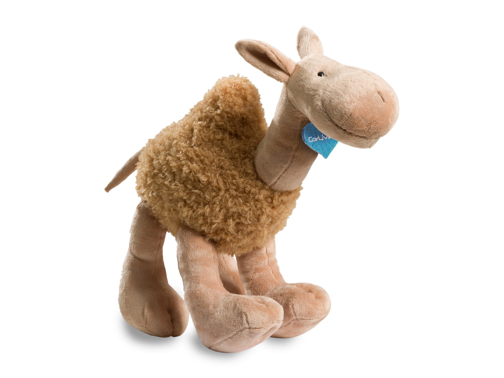 Plush camel toy with soft beige fur, embroidered eyes, and a friendly smile, sitting upright. Naomi the Plush Camel is perfect for children and supports charity initiatives.