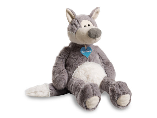 Samuel the Plush Wolf with soft grey fur, white underbelly, and black nose, featuring detailed stitching and child-safe materials. Perfect for cuddling and supporting charity initiatives.