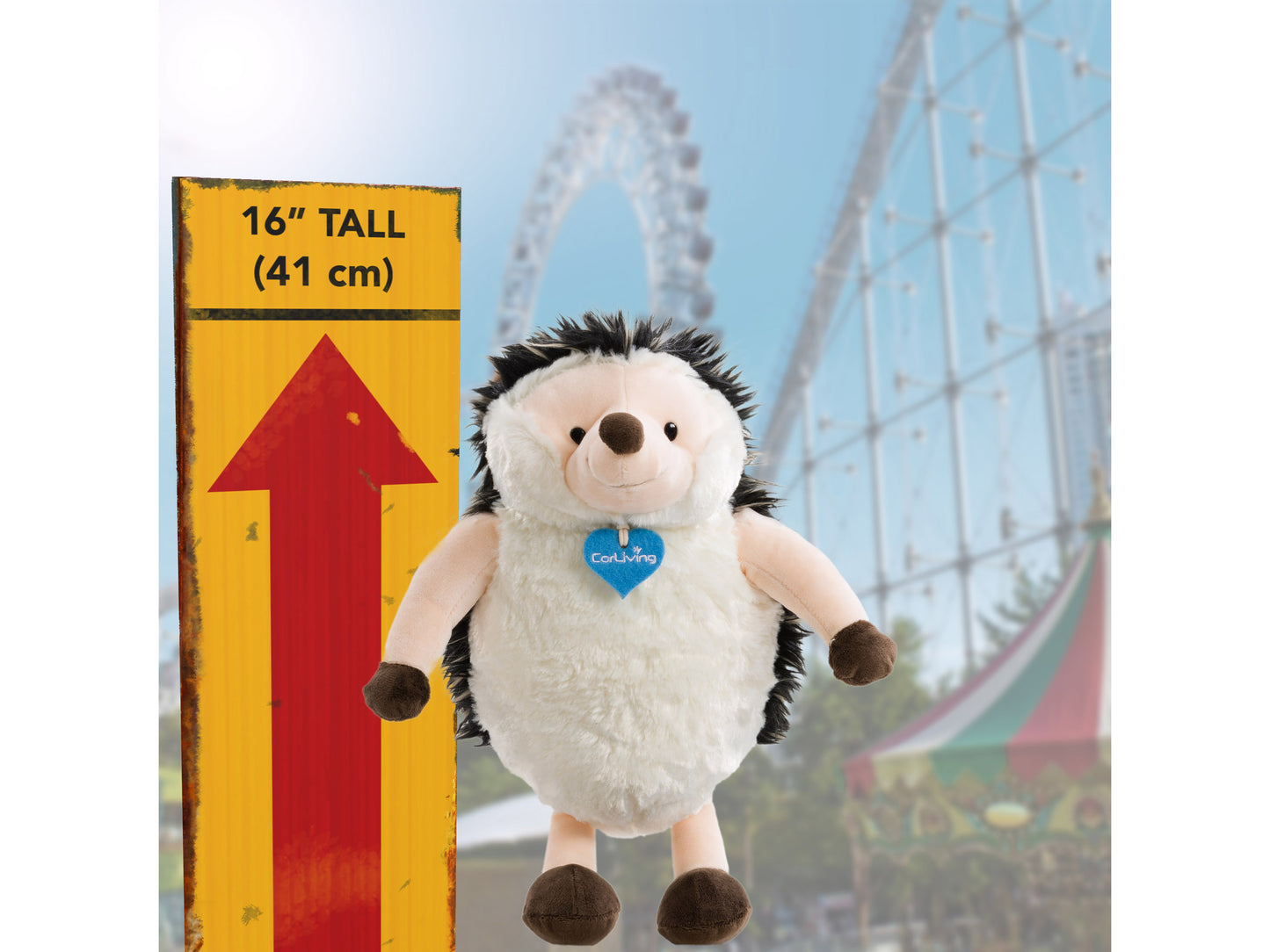 Cozy plush hedgehog with soft, brown fur, white belly, and cute, embroidered eyes, sitting upright. Ideal for cuddling, perfect gift for children, and supports charity.