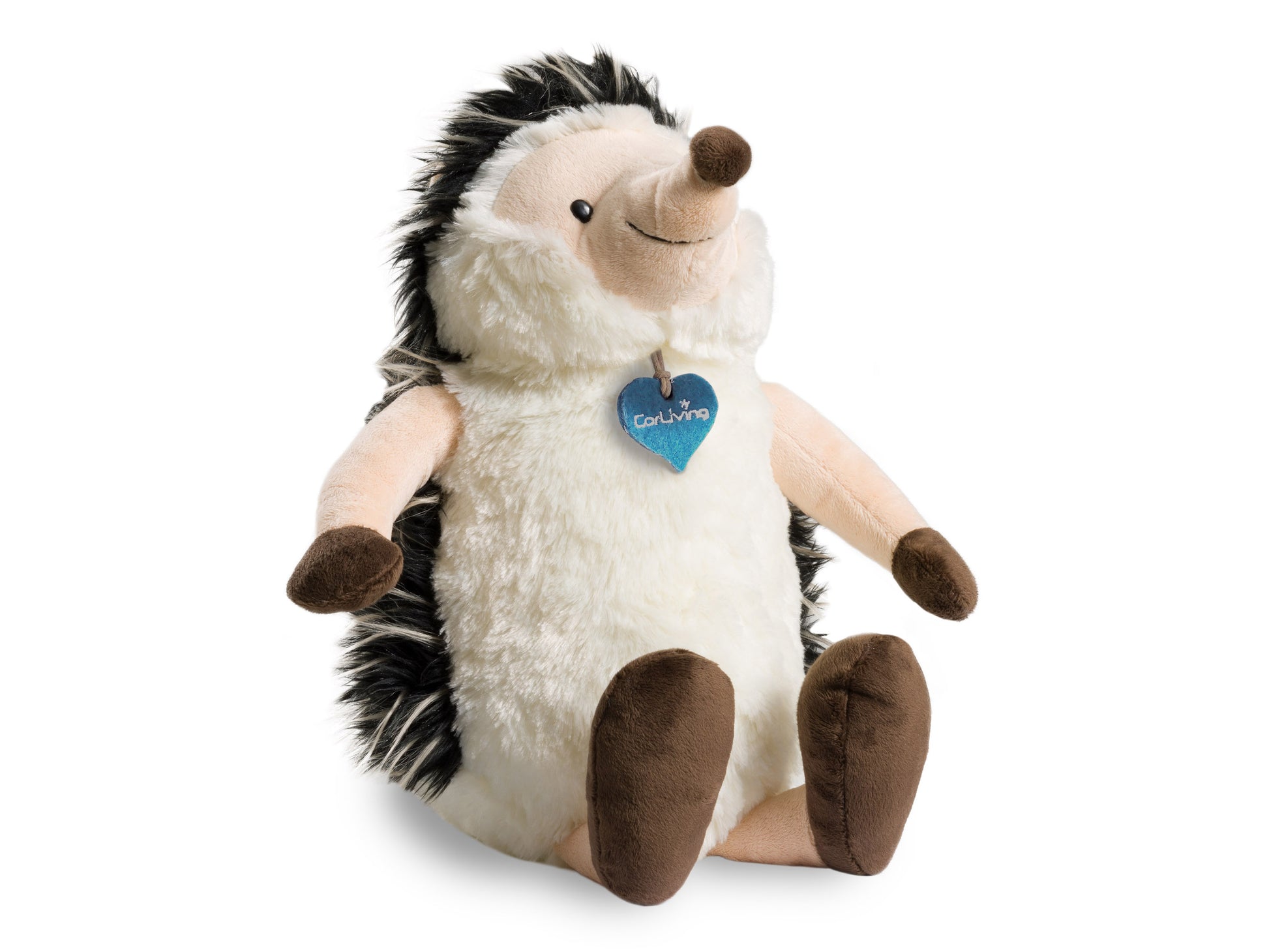 Cozy plush hedgehog with soft, brown fur, white belly, and cute, embroidered eyes, sitting upright. Ideal for cuddling, perfect gift for children, and supports charity.