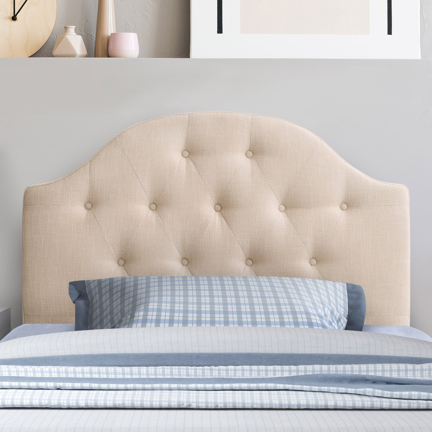 Diamond tufted twin headboard in beige fabric with elegant stitching, plush padding, and a classic design, perfect for adding a touch of sophistication to any bedroom decor.