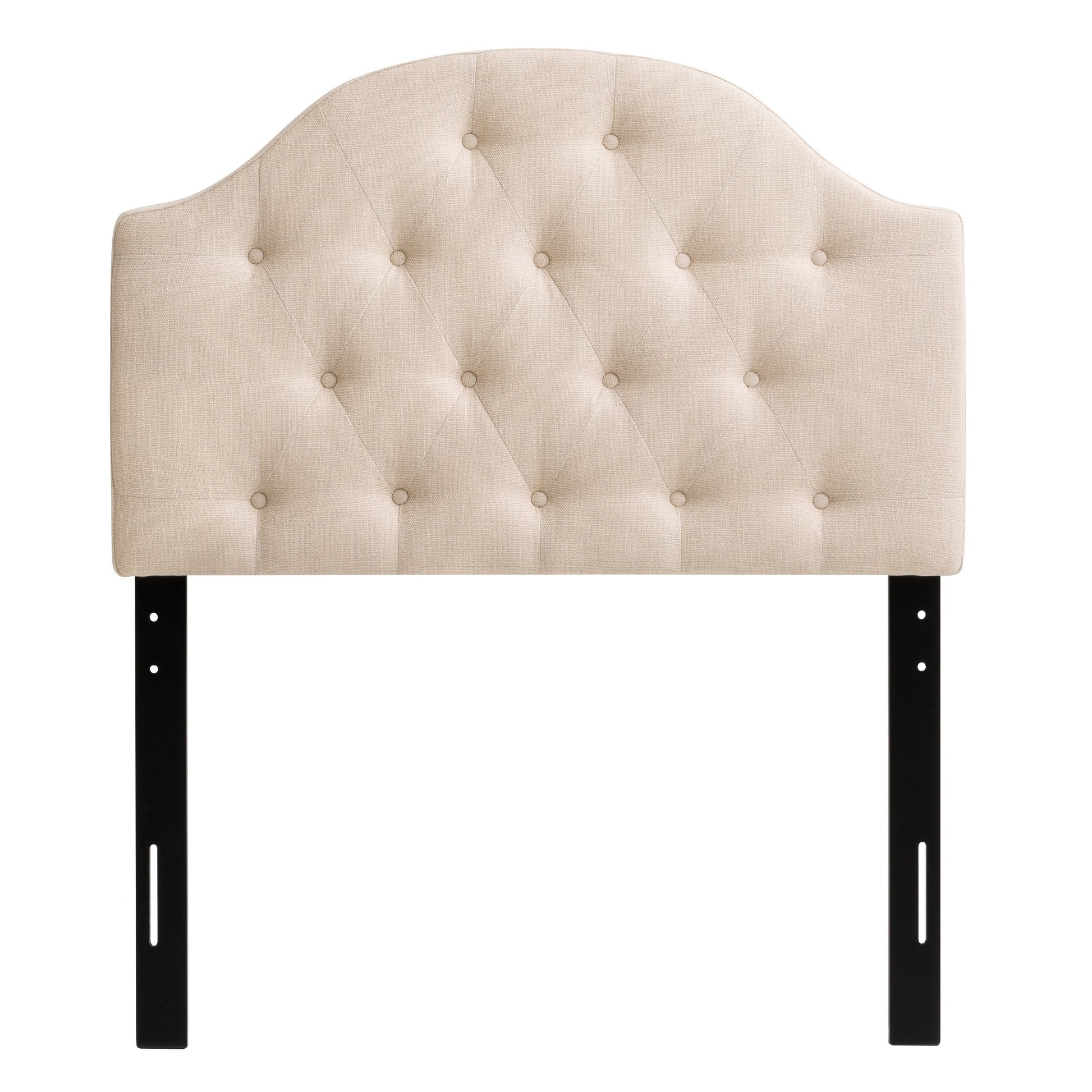 Diamond tufted twin headboard in beige fabric with elegant button detailing, plush padding, and a sturdy wooden frame. Perfect for enhancing bedroom decor with a touch of sophistication and comfort.