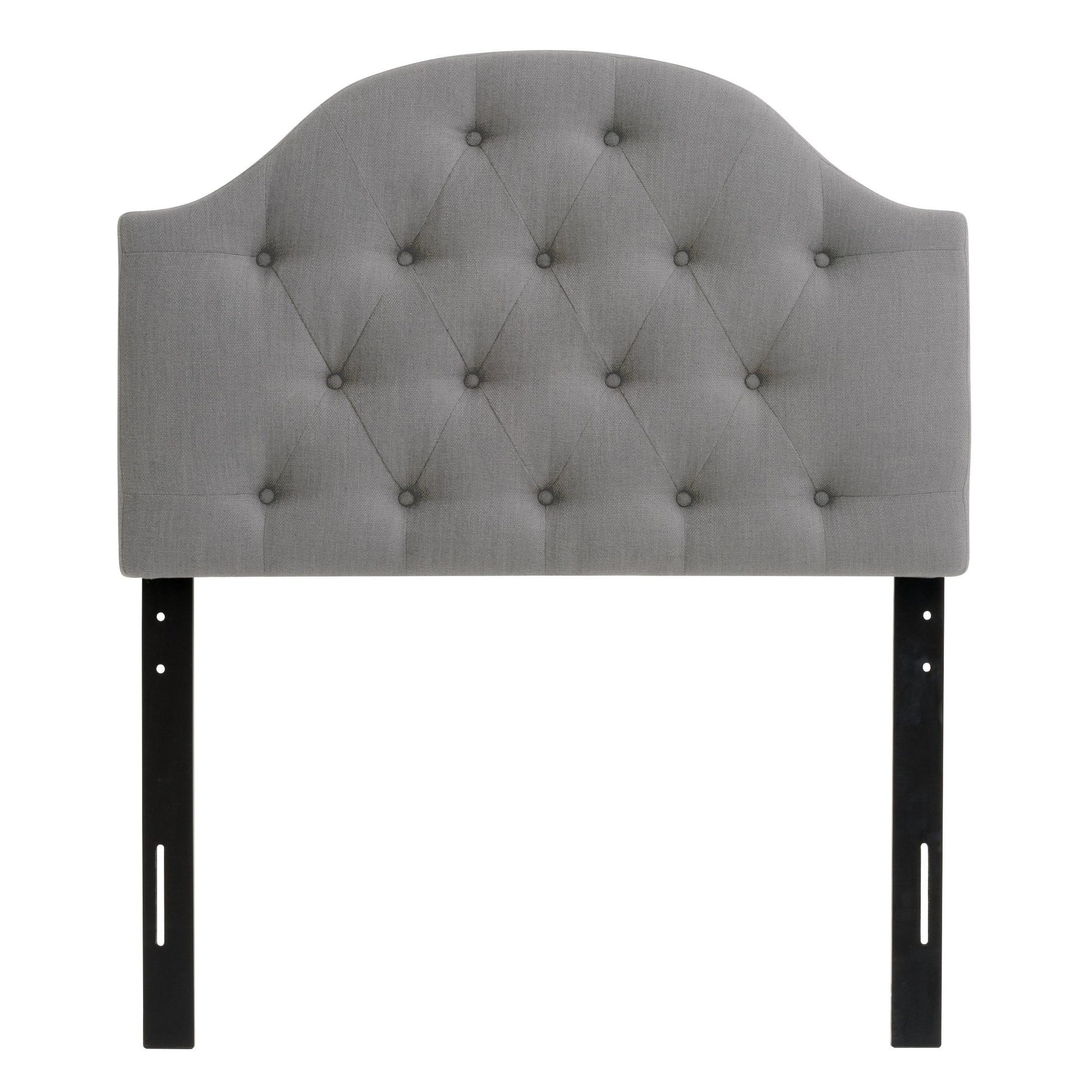 Elegant twin-size diamond tufted headboard in soft beige fabric with intricate button detailing, featuring a sturdy wooden frame and plush padding for added comfort and style.