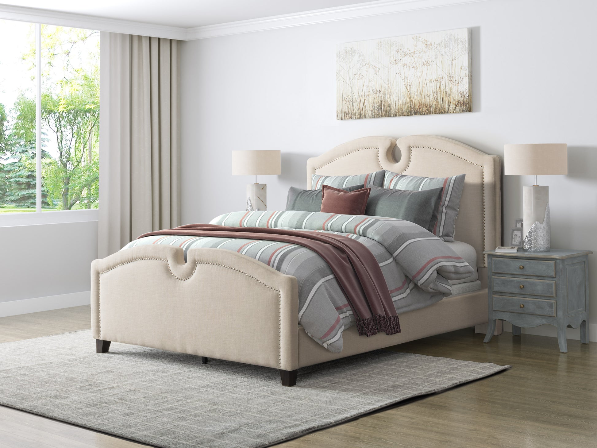 Modern twin bed with light gray upholstered headboard, sleek wooden frame, and minimalist design; perfect for contemporary bedrooms.