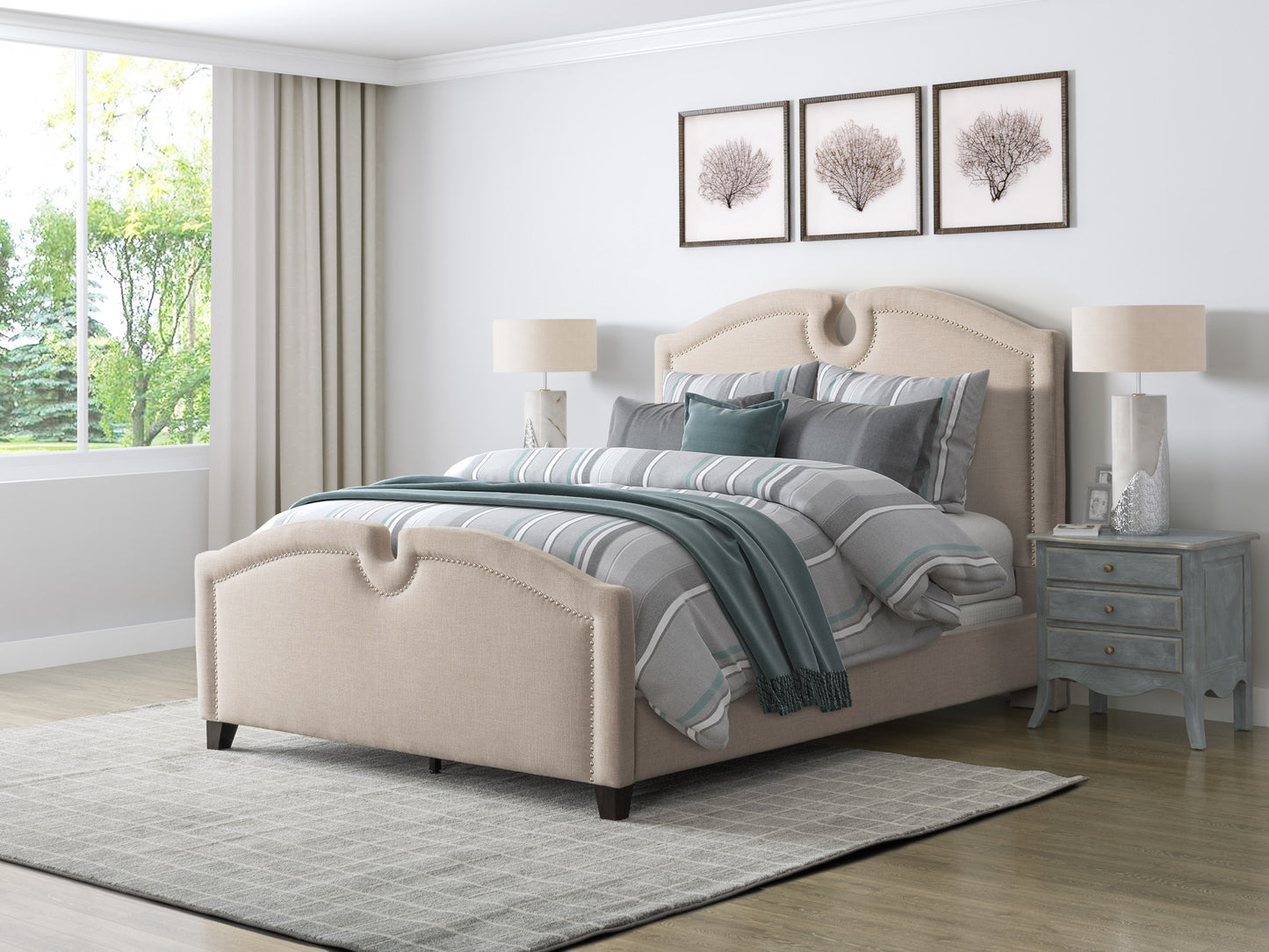 Modern twin bed with light gray upholstered headboard, wooden legs, and sleek design, perfect for contemporary bedrooms.