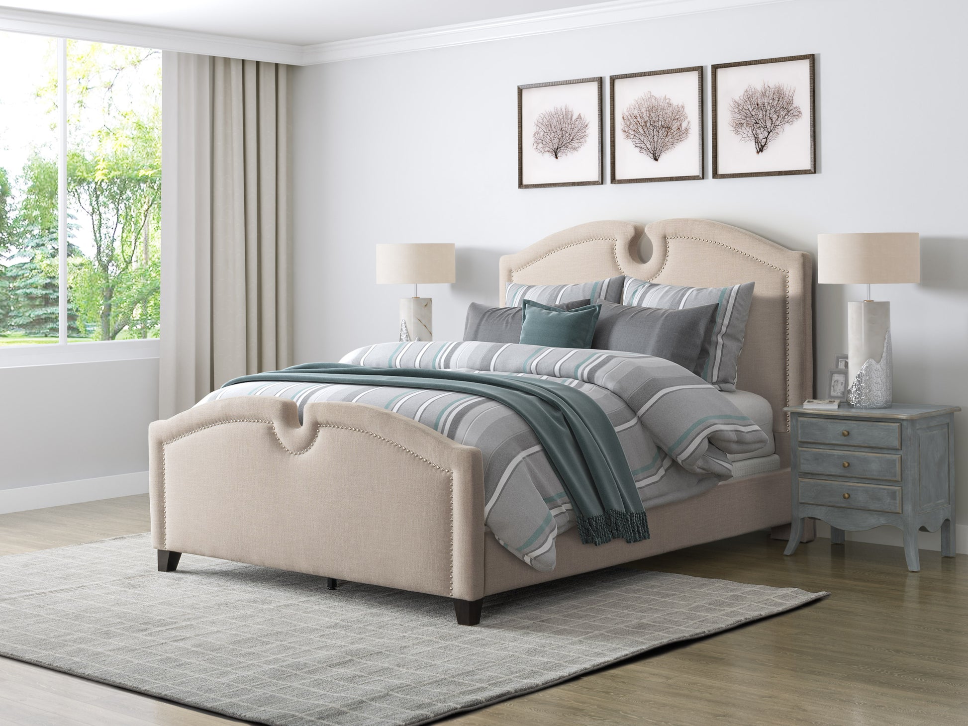 Modern twin bed with light gray upholstered headboard, wooden legs, and sleek design, perfect for contemporary bedrooms.
