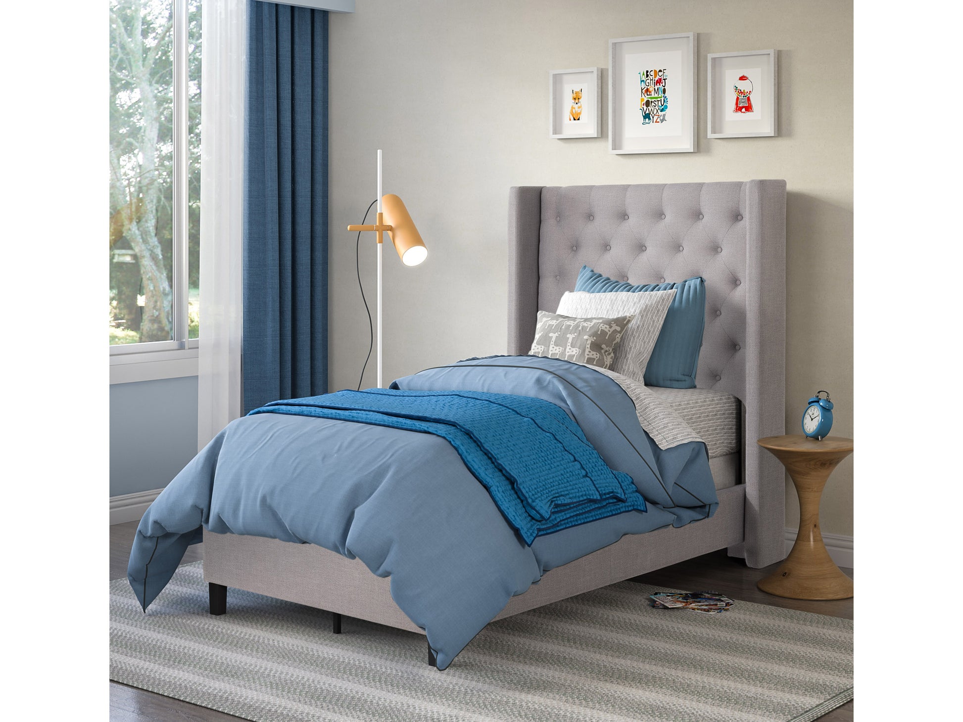 Tufted twin bed in dark gray fabric with button detailing, featuring a sturdy wooden frame and elegant headboard, perfect for modern bedroom decor.