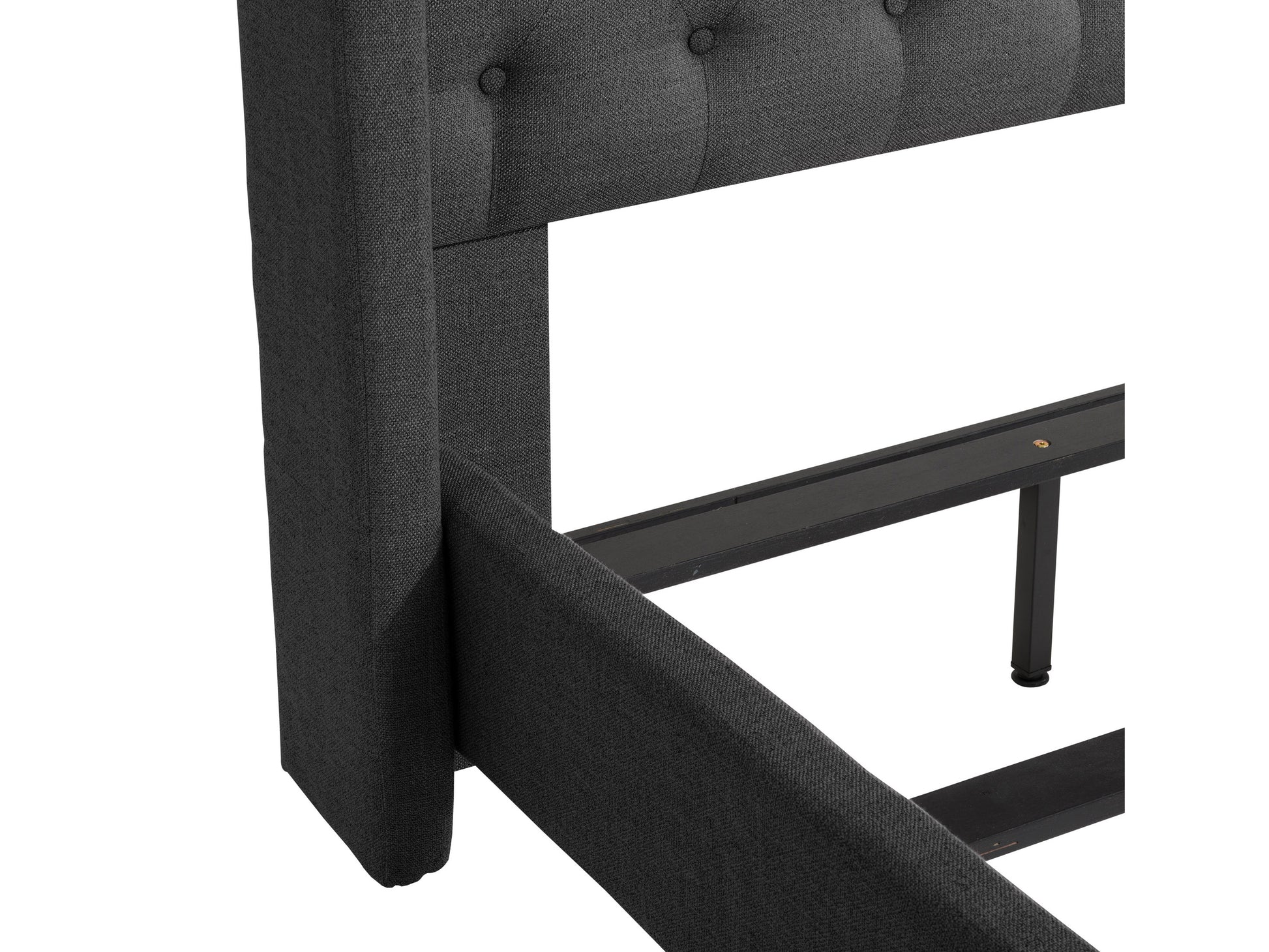 Dark gray tufted twin bed with plush fabric upholstery, featuring a high headboard and wooden legs. Ideal for modern bedrooms, combining comfort and contemporary style.