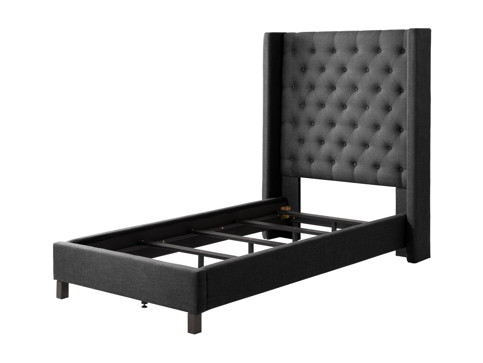 Gray tufted twin bed with soft fabric upholstery, diamond button detailing, and wooden legs. Ideal for modern bedrooms, offering a stylish and comfortable sleeping solution.