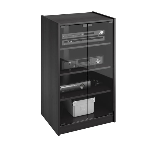 Dark wood media storage cabinet with doors, 21 inches tall, featuring sleek metal handles, adjustable shelves, and a modern design perfect for organizing DVDs, games, and electronics in a stylish living room setup.