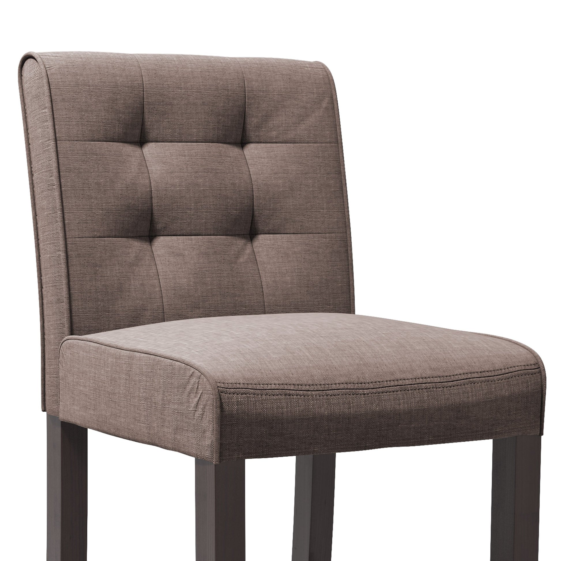 Brown wooden bar stool with a curved backrest, featuring a padded beige seat cushion, sleek metal footrest, and four sturdy legs, perfect for bar height seating in modern or rustic home decor.