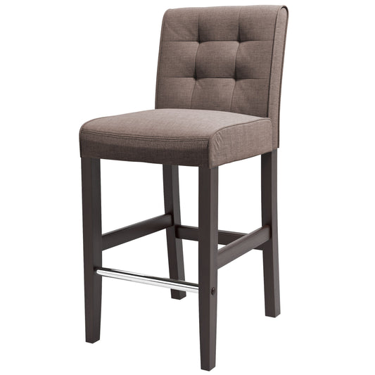 Brown bar stool with a sleek black metal frame and cushioned seat, featuring a contemporary design with a supportive backrest and footrest, perfect for modern kitchen islands or home bars.