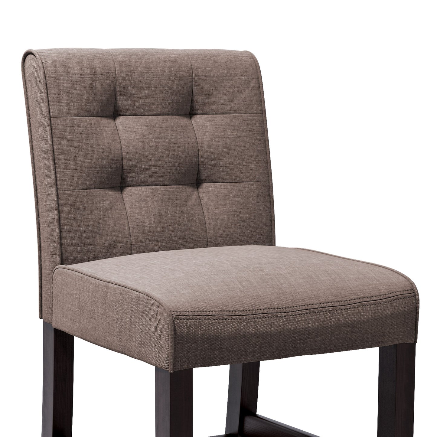 Brown leather bar stool with cushioned seat, dark wood legs, and footrest. Ideal for kitchen islands or home bars. Counter height design with sturdy construction and elegant finish.