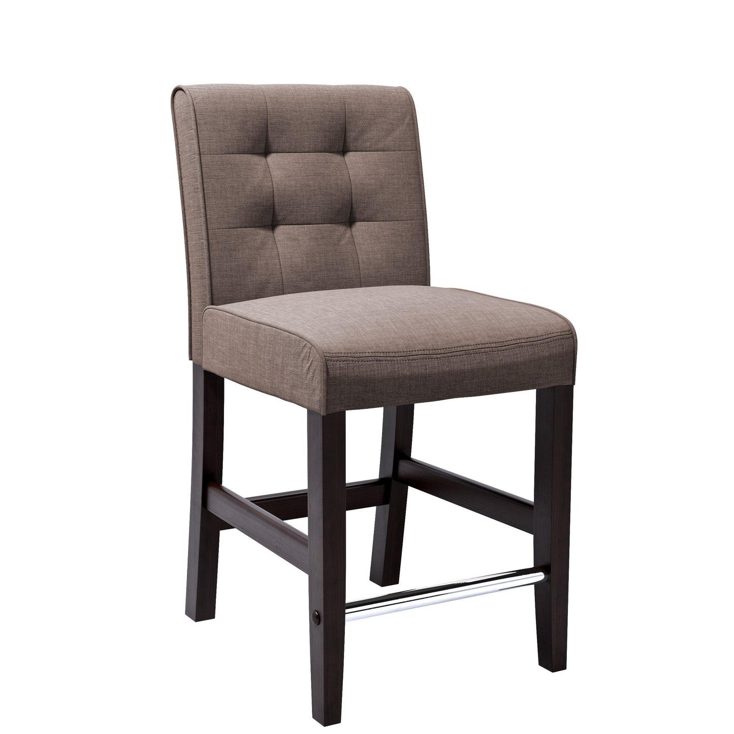 Brown wooden bar stool with cushioned seat, counter height, sleek design, sturdy frame, and footrest. Ideal for kitchen islands and home bars.