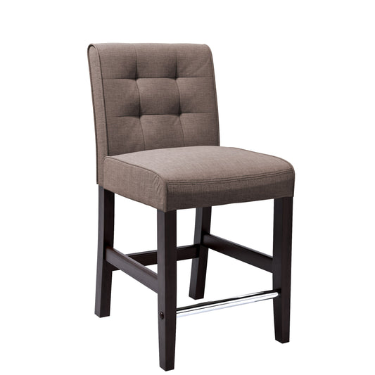 Brown wooden bar stool with cushioned seat, counter height, sleek design, sturdy frame, and footrest. Ideal for kitchen islands and home bars.