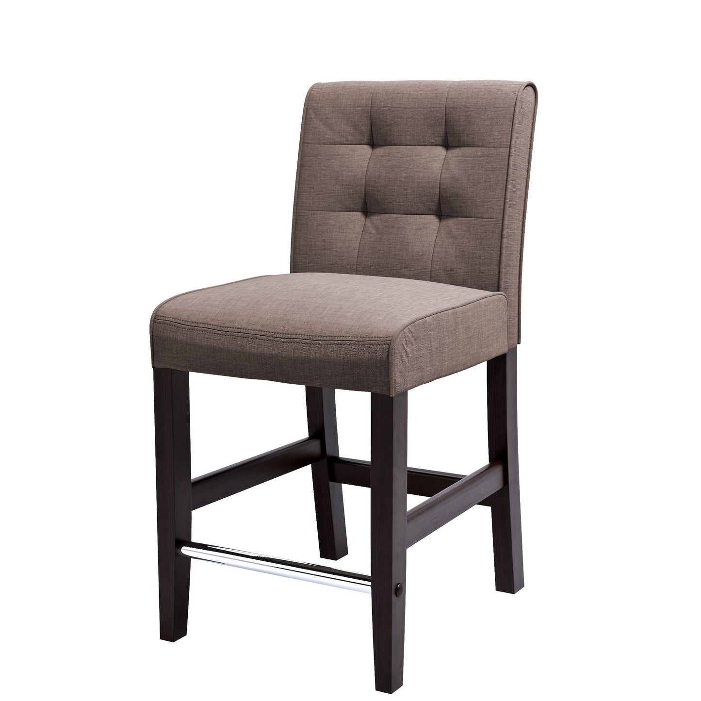 Brown bar stool with wooden legs, cushioned seat, and backrest. Features a sleek, modern design ideal for kitchen counters or home bars. Upholstered in rich brown fabric with a sturdy frame for durability.