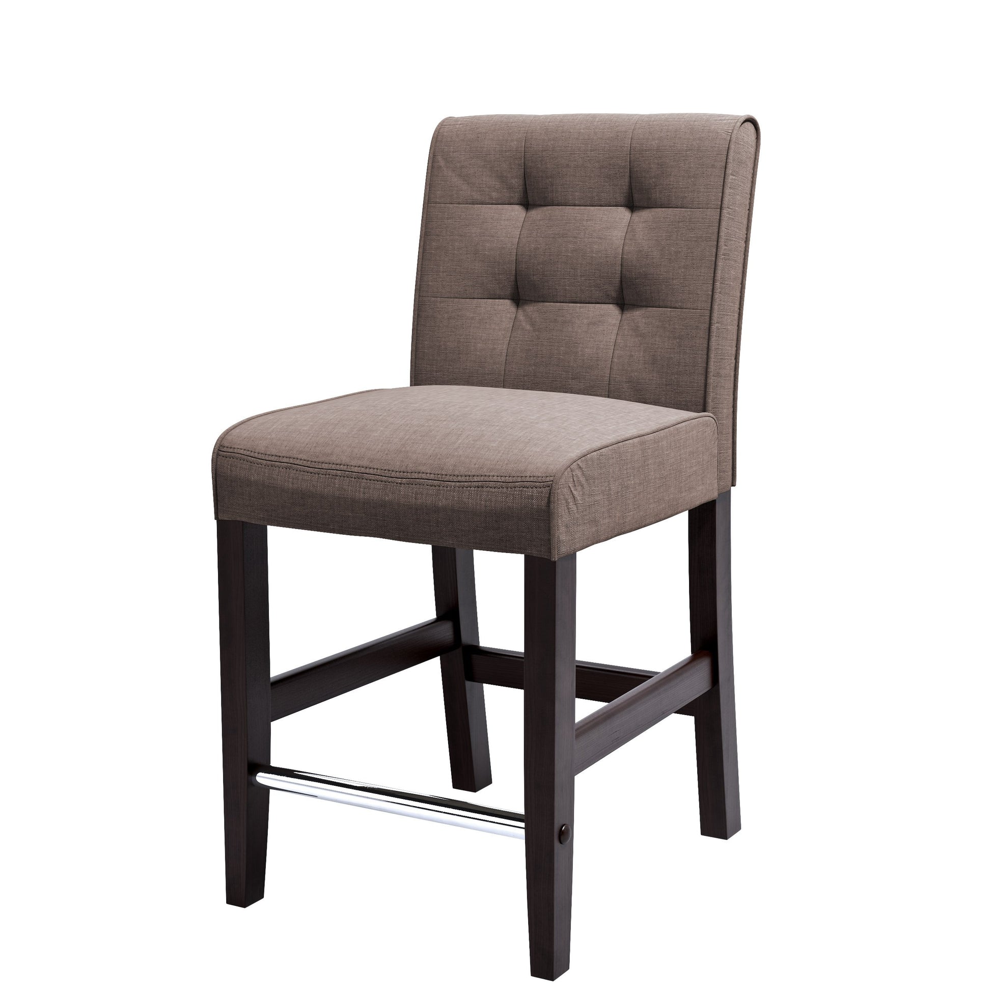 Brown bar stool with wooden legs, cushioned seat, and backrest. Features a sleek, modern design ideal for kitchen counters or home bars. Upholstered in rich brown fabric with a sturdy frame for durability.