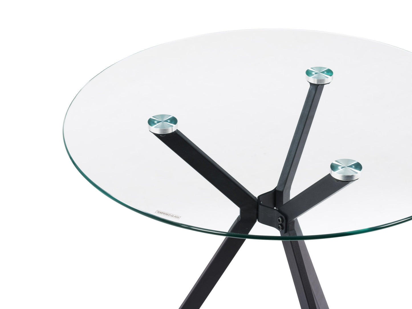Modern glass bistro dining table with round clear glass top, wooden tripod legs in natural finish, and sleek metal accents, perfect for contemporary dining spaces.
