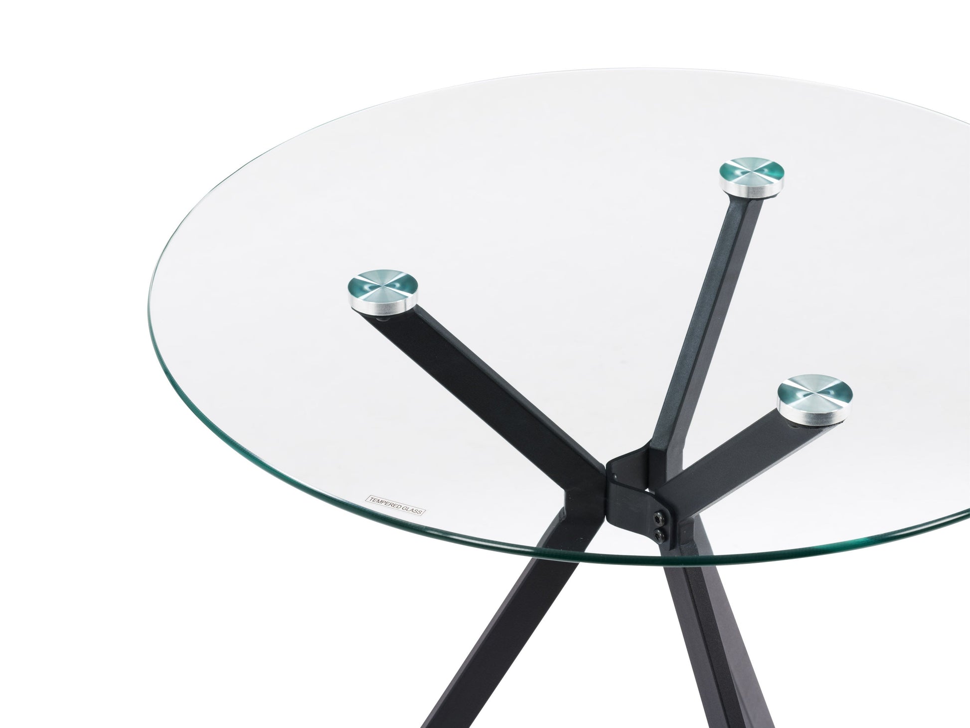 Modern glass bistro dining table with round clear glass top, wooden tripod legs in natural finish, and sleek metal accents, perfect for contemporary dining spaces.